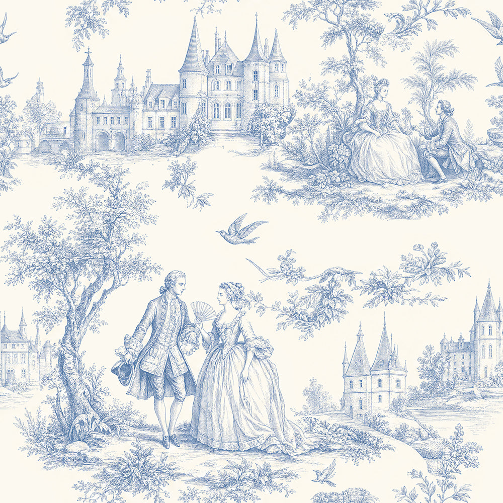 HaokHome Peel and Stick Wallpaper Blue White Castle Figure Toile de Jouy Wall Mural Removable Self Adhesive French Vintage Wallpaper