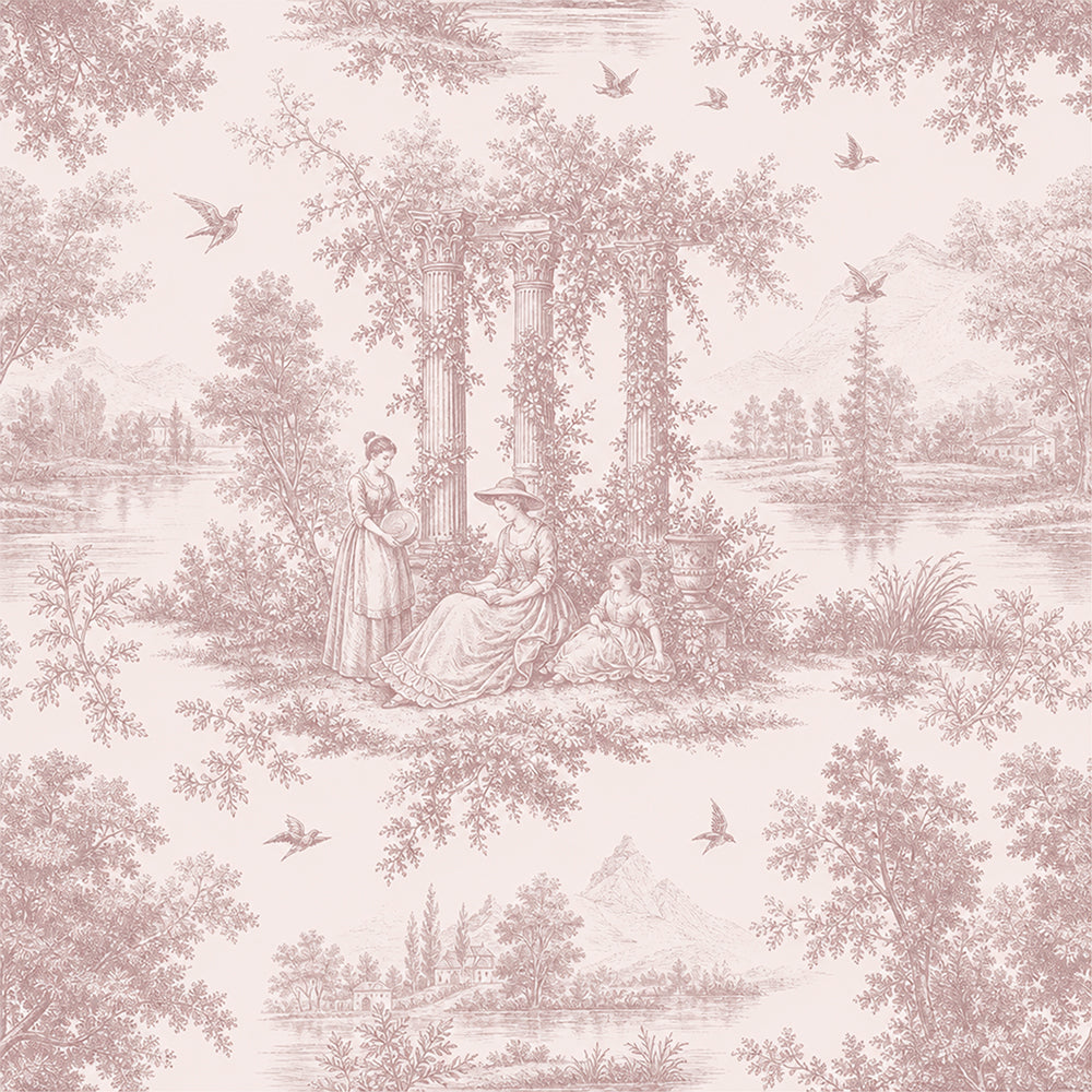 HaokHome Peel and Stick Wallpaper Blush Pink Forest Figure Toile de Jouy Wall Mural Removable Self Adhesive Soft Vintage Cottage Wallpaper