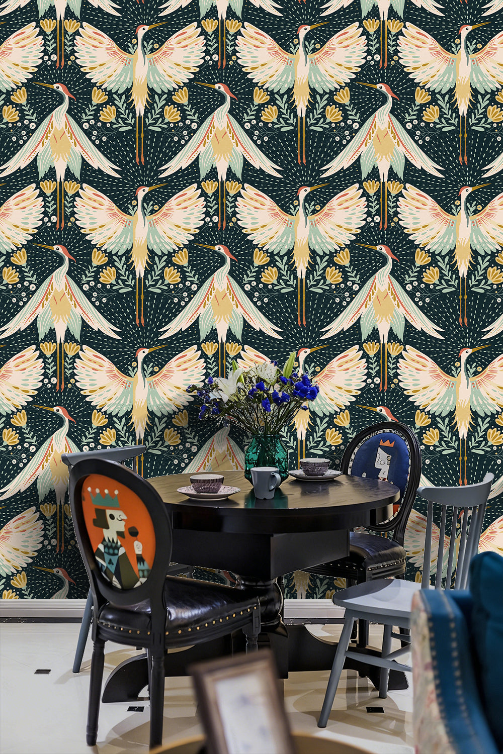 HaokHome Peel and Stick Wallpaper Boho Japandi Crane Bird Floral Mural Removable Self Adhesive Wall Decor for Living Room Bedroom Nursery Renter Friendly Wallpaper