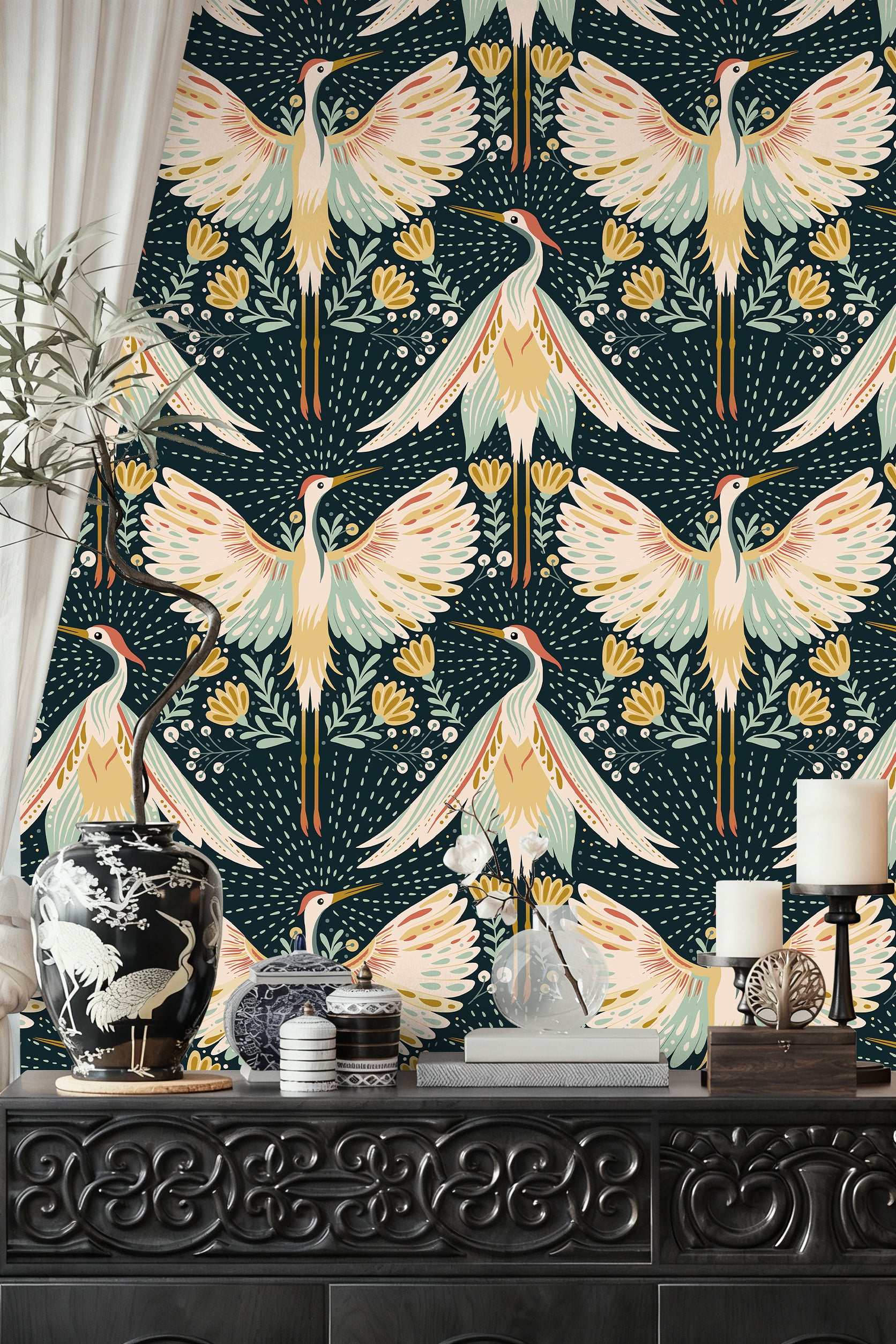 HaokHome Peel and Stick Wallpaper Boho Japandi Crane Bird Floral Mural Removable Self Adhesive Wall Decor for Living Room Bedroom Nursery Renter Friendly Wallpaper