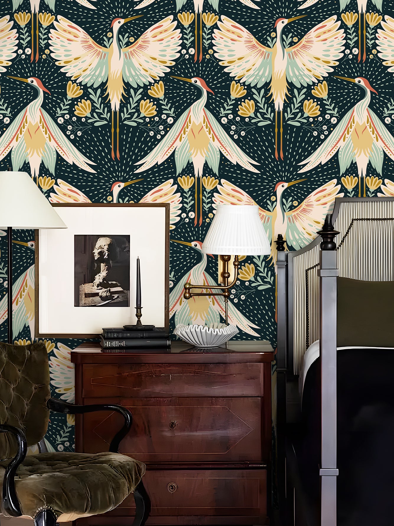 HaokHome Peel and Stick Wallpaper Boho Japandi Crane Bird Floral Mural Removable Self Adhesive Wall Decor for Living Room Bedroom Nursery Renter Friendly Wallpaper