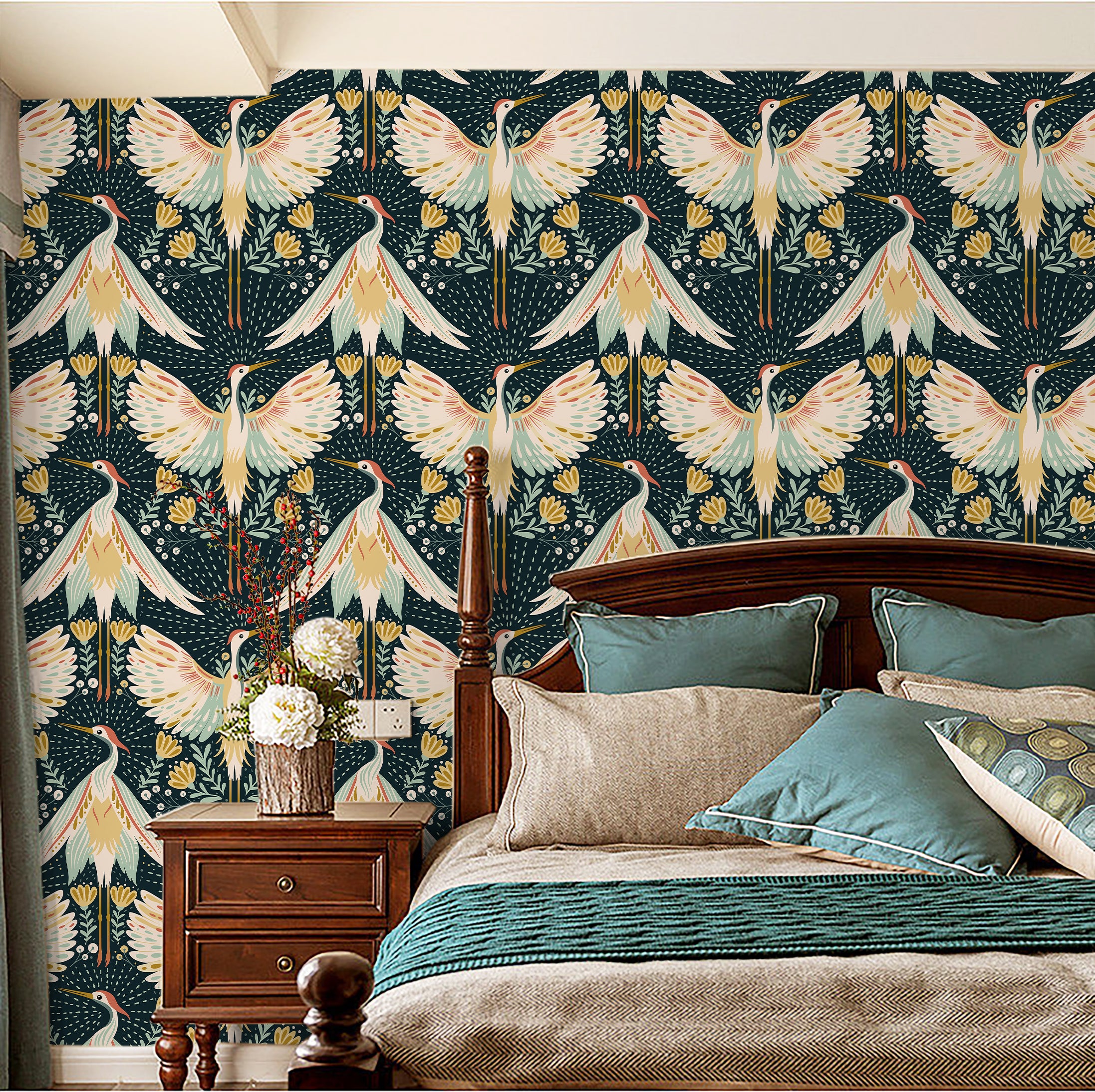 HaokHome Peel and Stick Wallpaper Boho Japandi Crane Bird Floral Mural Removable Self Adhesive Wall Decor for Living Room Bedroom Nursery Renter Friendly Wallpaper