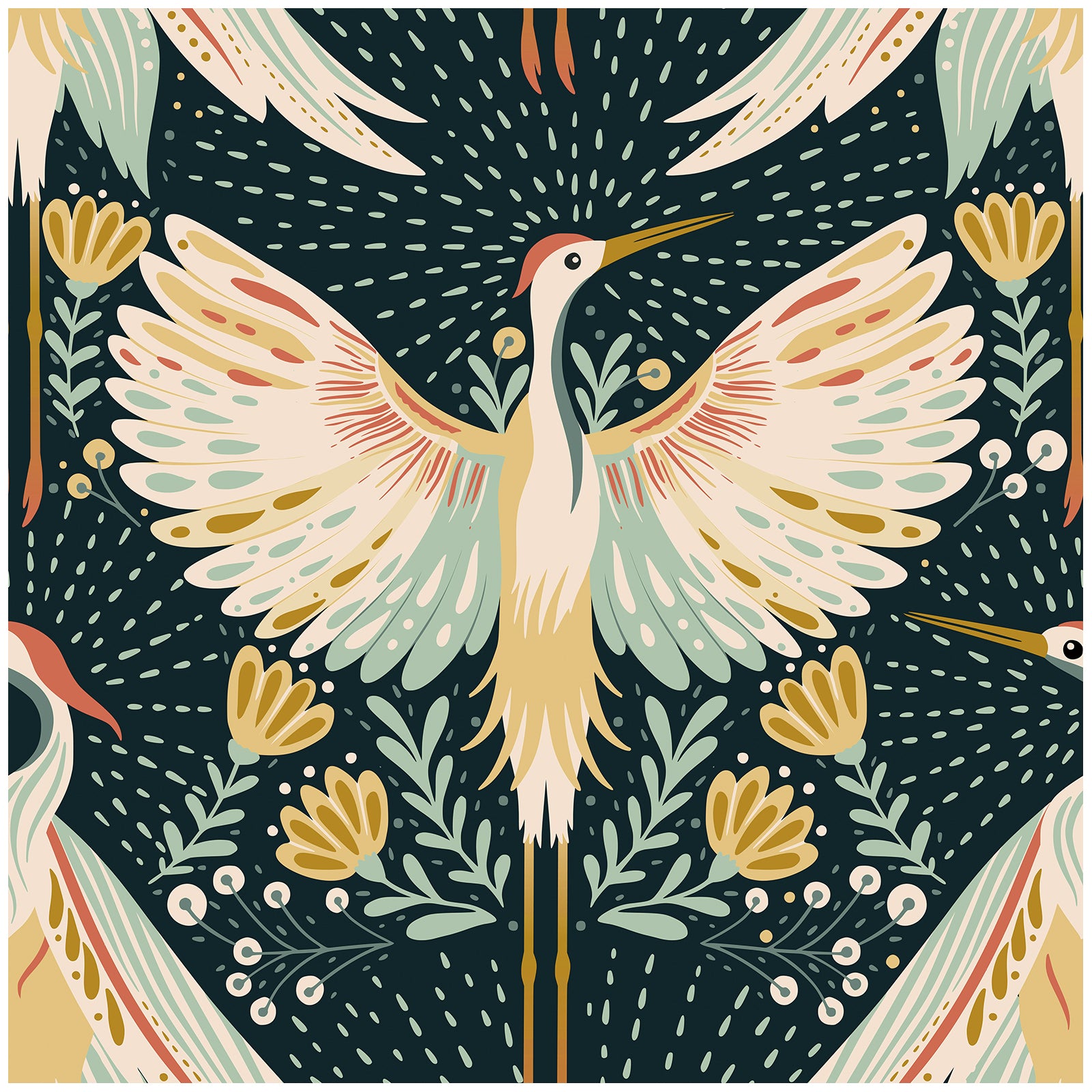 HaokHome Peel and Stick Wallpaper Boho Japandi Crane Bird Floral Mural Removable Self Adhesive Wall Decor for Living Room Bedroom Nursery Renter Friendly Wallpaper