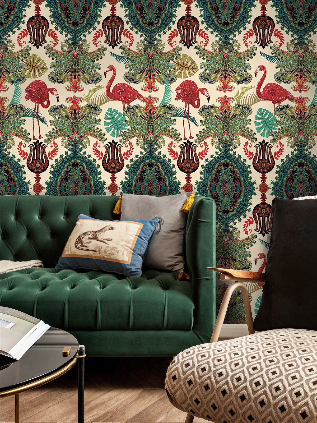 HaokHome Peel and Stick Wallpaper Boho Tropical Flamingo and Leaf Pattern Vintage Baroque Wall Mural Removable Vinyl Self Adhesive Wallpaper for Living Room Bedroom Accent Wall