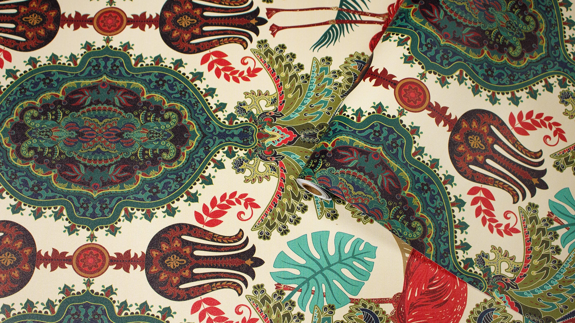 HaokHome Peel and Stick Wallpaper Boho Tropical Flamingo and Leaf Pattern Vintage Baroque Wall Mural Removable Vinyl Self Adhesive Wallpaper for Living Room Bedroom Accent Wall