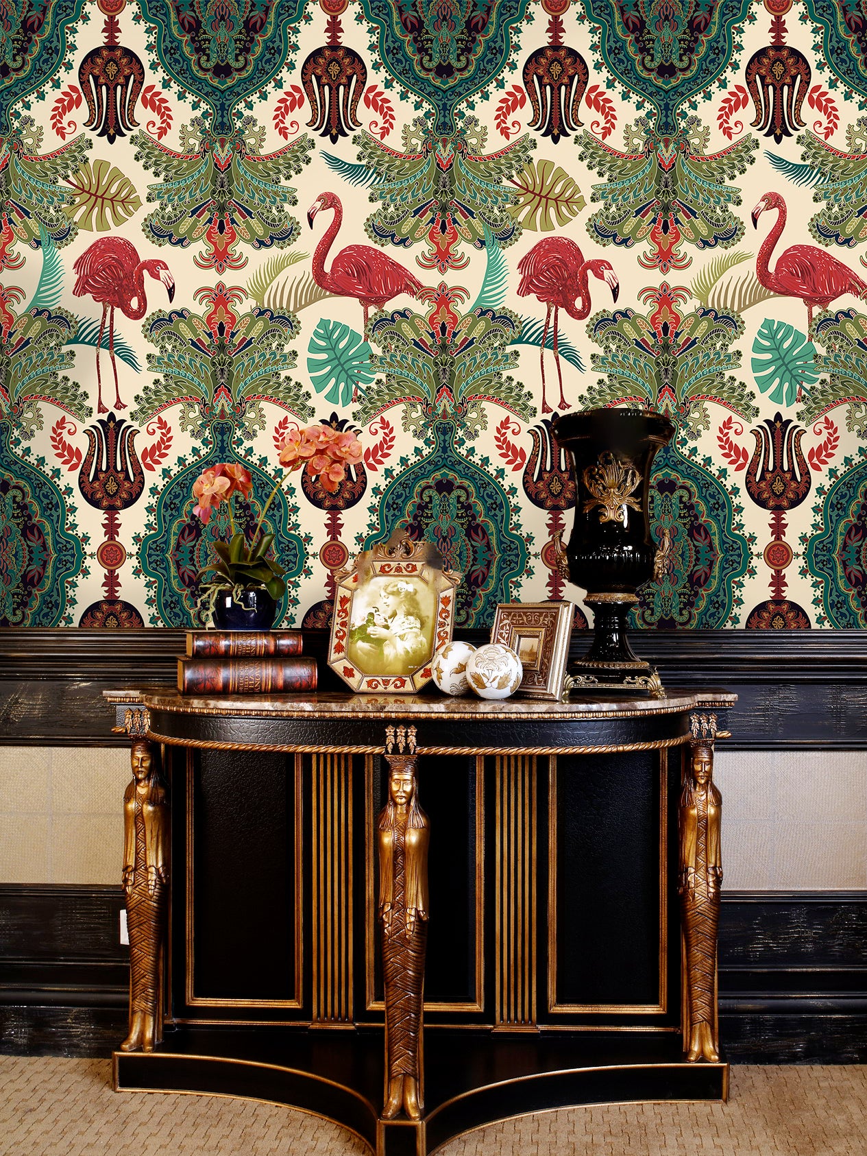 HaokHome Peel and Stick Wallpaper Boho Tropical Flamingo and Leaf Pattern Vintage Baroque Wall Mural Removable Vinyl Self Adhesive Wallpaper for Living Room Bedroom Accent Wall