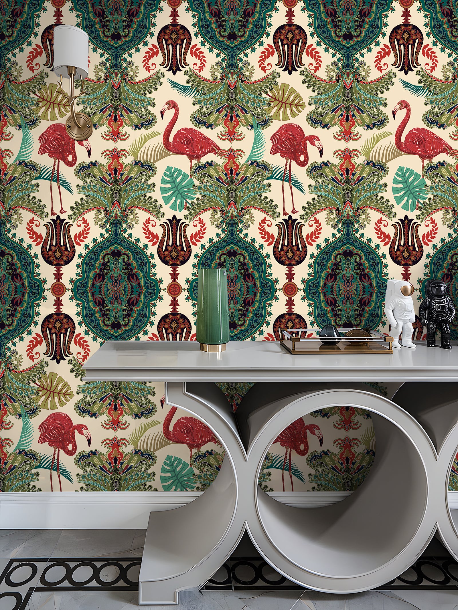 HaokHome Peel and Stick Wallpaper Boho Tropical Flamingo and Leaf Pattern Vintage Baroque Wall Mural Removable Vinyl Self Adhesive Wallpaper for Living Room Bedroom Accent Wall