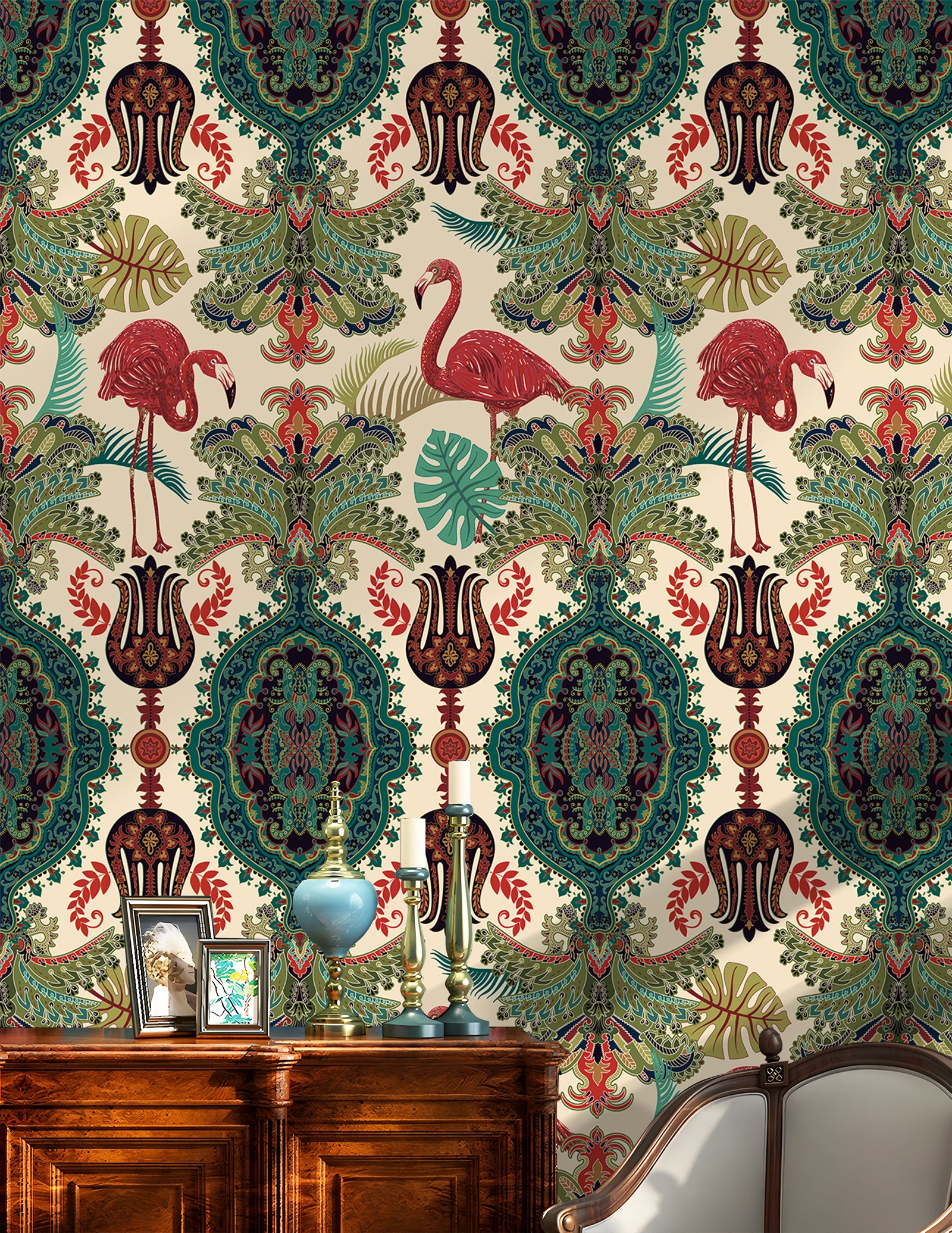 HaokHome Peel and Stick Wallpaper Boho Tropical Flamingo and Leaf Pattern Vintage Baroque Wall Mural Removable Vinyl Self Adhesive Wallpaper for Living Room Bedroom Accent Wall