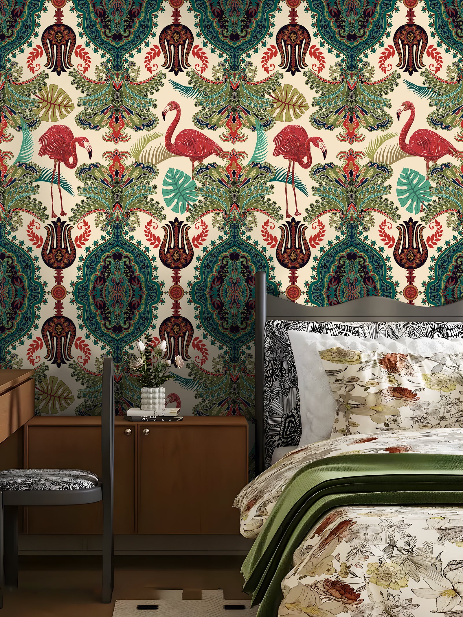 HaokHome Peel and Stick Wallpaper Boho Tropical Flamingo and Leaf Pattern Vintage Baroque Wall Mural Removable Vinyl Self Adhesive Wallpaper for Living Room Bedroom Accent Wall