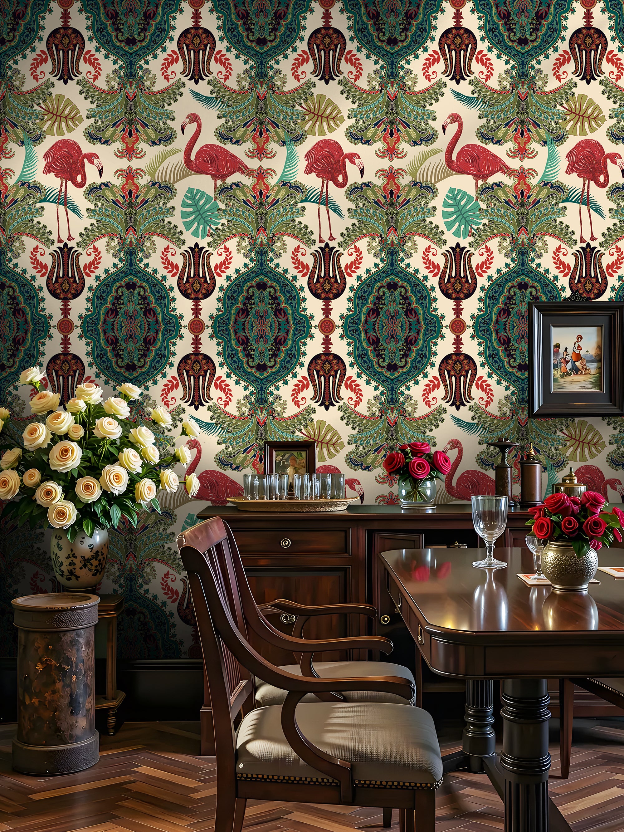 HaokHome Peel and Stick Wallpaper Boho Tropical Flamingo and Leaf Pattern Vintage Baroque Wall Mural Removable Vinyl Self Adhesive Wallpaper for Living Room Bedroom Accent Wall