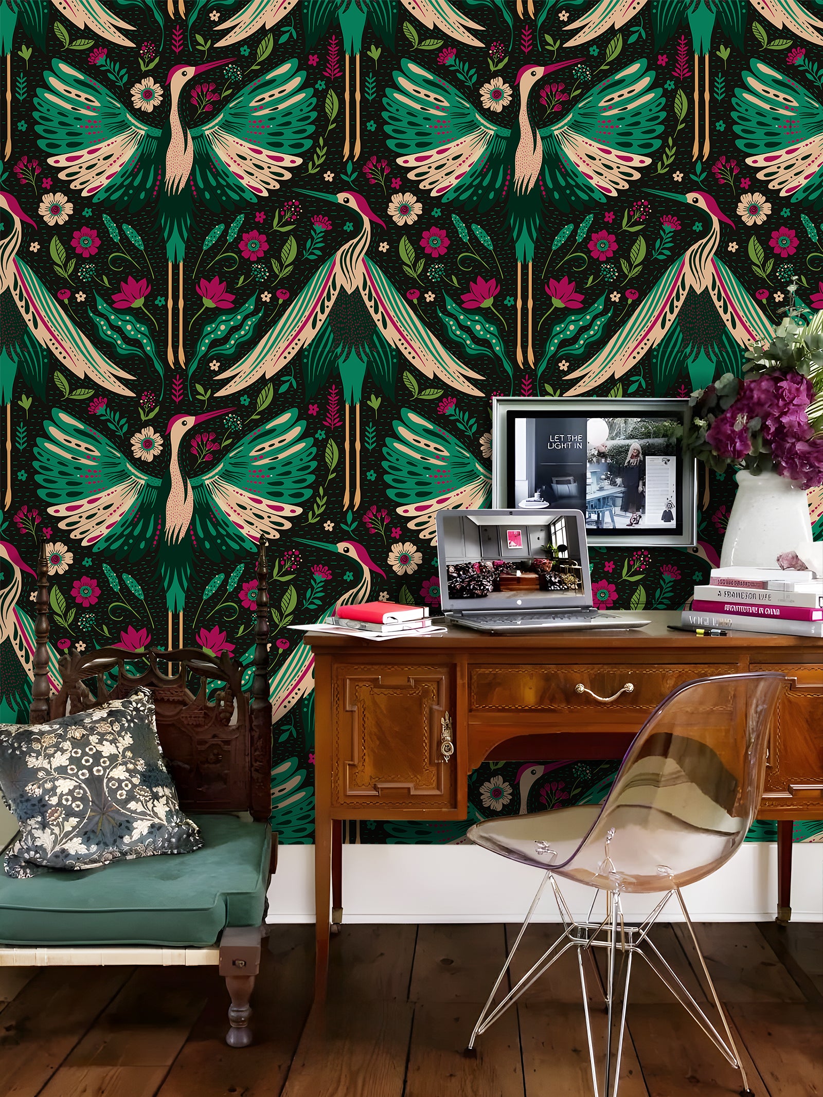 HaokHome Peel and Stick Wallpaper Boho Vintage Crane and Floral Pattern Dark Botanical Wall Mural Removable Vinyl Self Adhesive Wallpaper for Bedroom Living Room Accent Wall Nature Decor