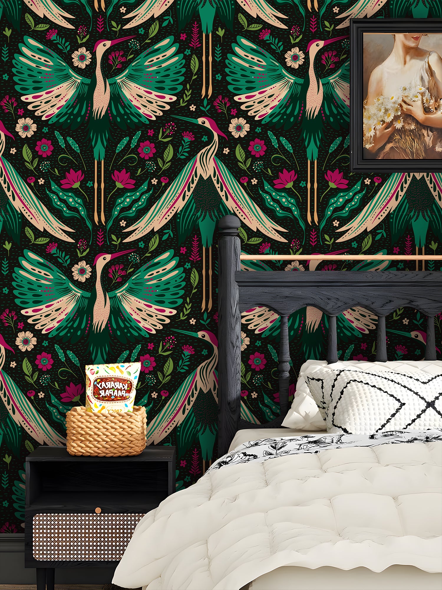 HaokHome Peel and Stick Wallpaper Boho Vintage Crane and Floral Pattern Dark Botanical Wall Mural Removable Vinyl Self Adhesive Wallpaper for Bedroom Living Room Accent Wall Nature Decor