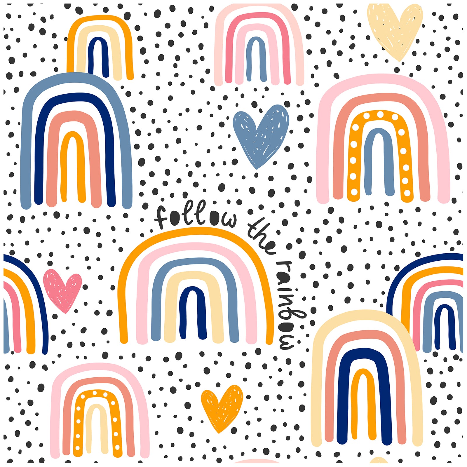HaokHome Peel and Stick Wallpaper Boho Whimsical Rainbow & Hand-Drawn Hearts on Polka Dot Background Removable Wall Mural for Nursery & Kids Bedroom