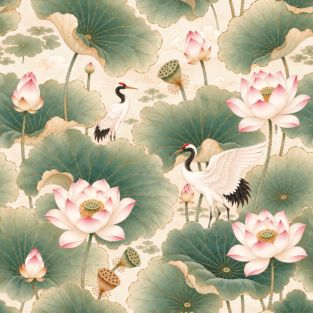 HaokHome Peel and Stick Wallpaper Chinoiserie Lotus Crane Floral Wall Mural Removable Self Adhesive Serene Botanical Wallpaper