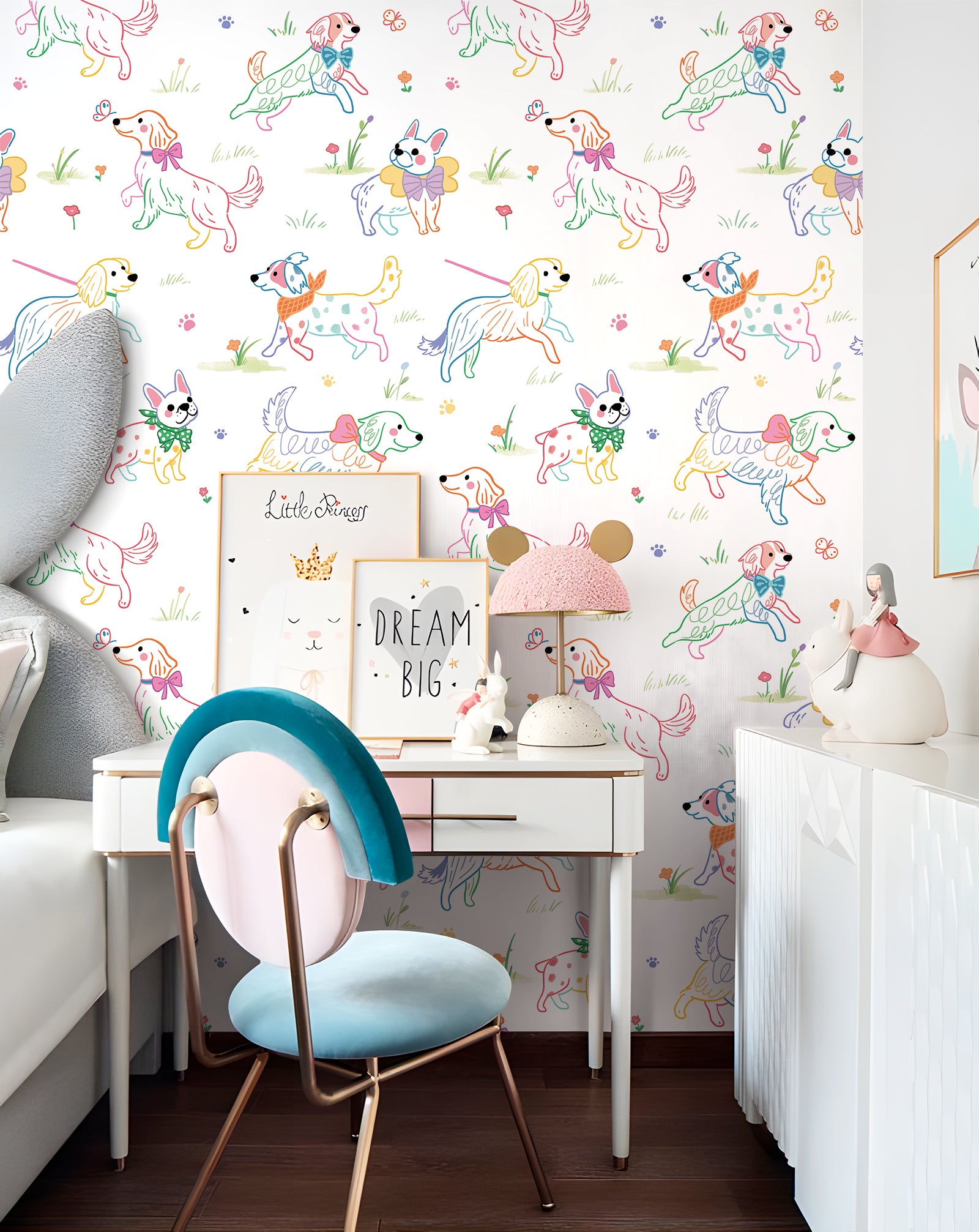 HaokHome Peel and Stick Wallpaper Cute Colorful Puppy Dog Cartoon Wall Mural Removable Self Adhesive Kids Room Nursery Playroom Decor