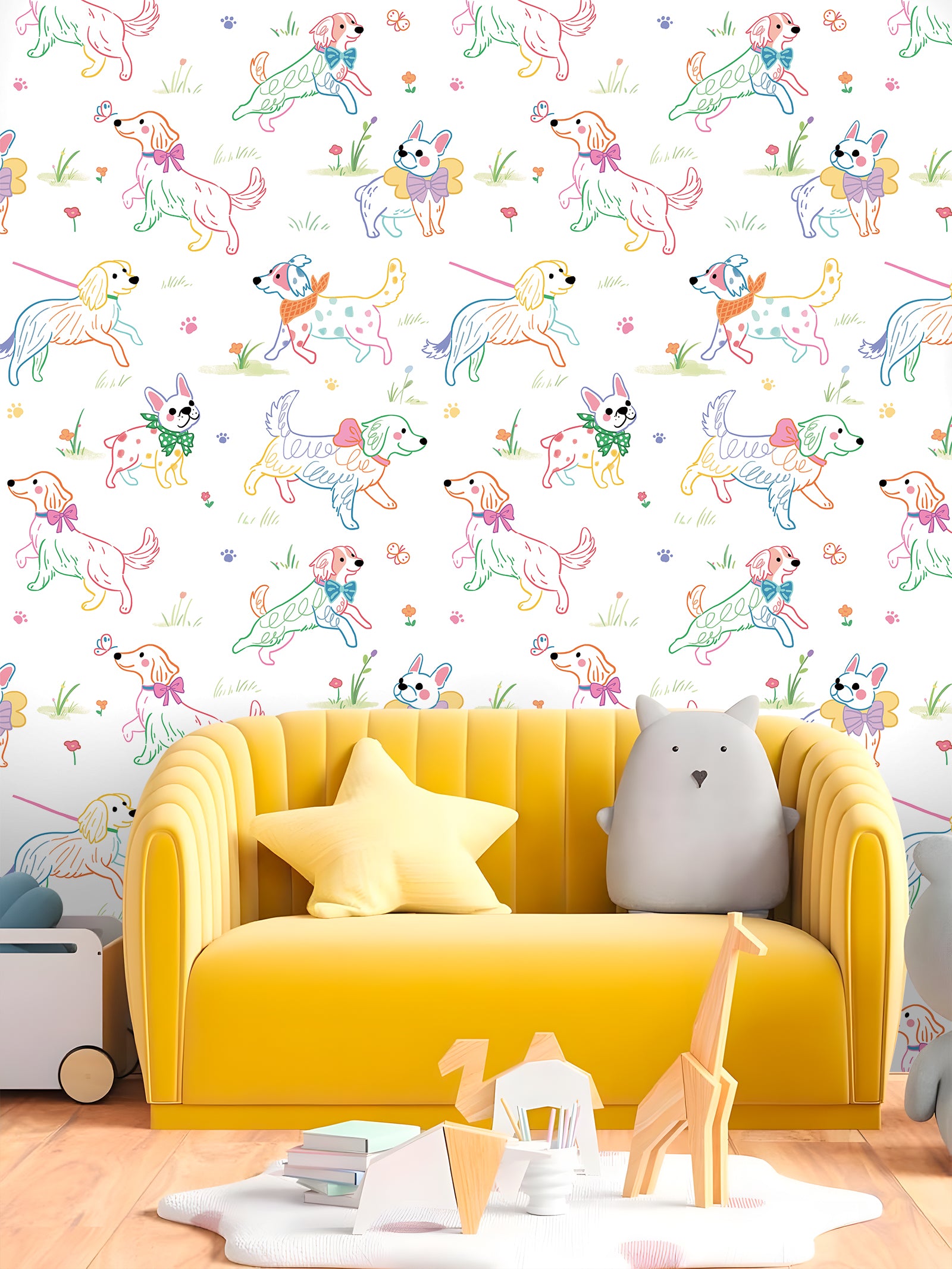 HaokHome Peel and Stick Wallpaper Cute Colorful Puppy Dog Cartoon Wall Mural Removable Self Adhesive Kids Room Nursery Playroom Decor