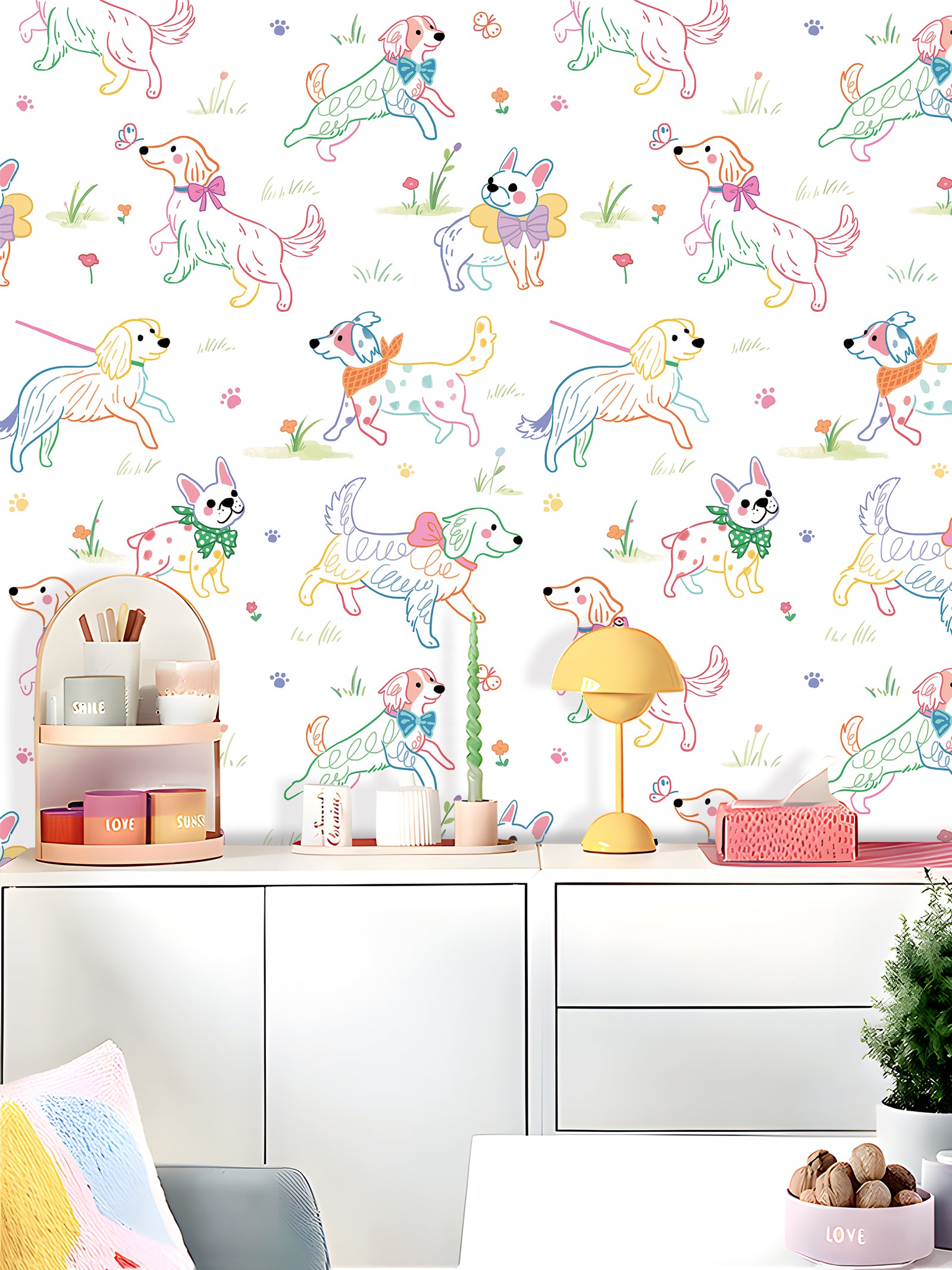 HaokHome Peel and Stick Wallpaper Cute Colorful Puppy Dog Cartoon Wall Mural Removable Self Adhesive Kids Room Nursery Playroom Decor