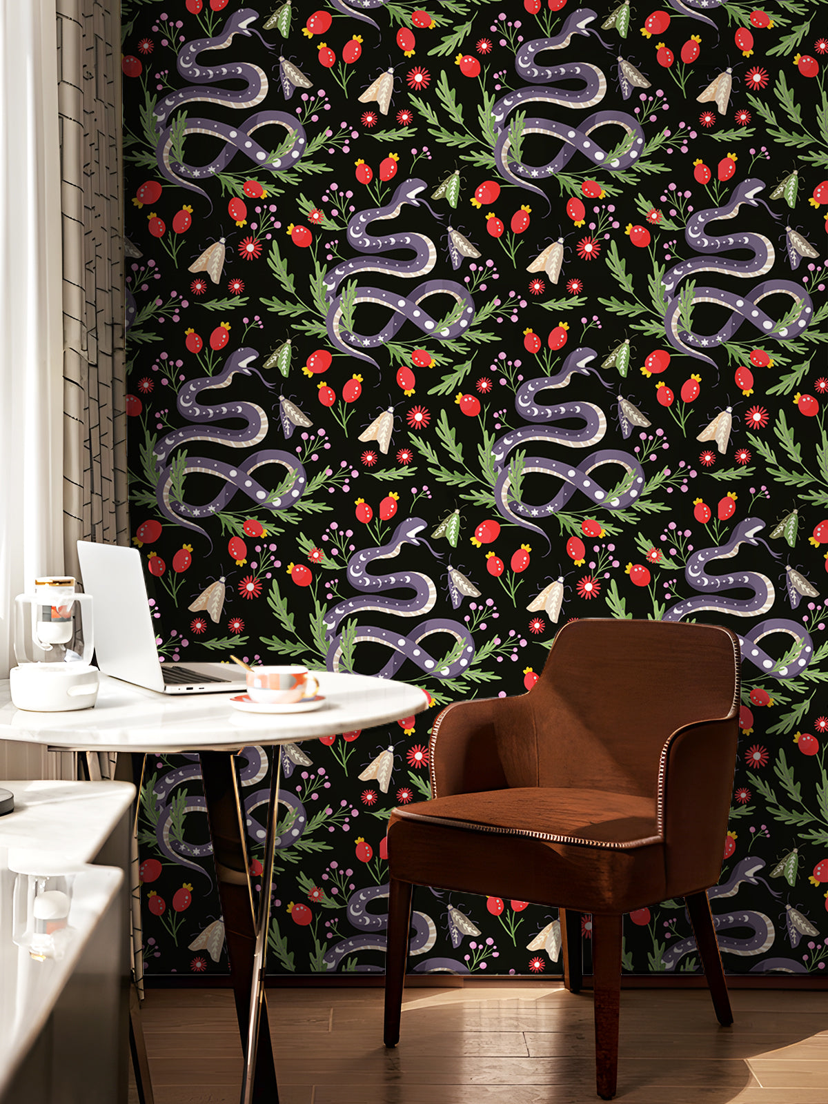 HaokHome Peel and Stick Wallpaper Dark Botanical Serpent Pattern Wall Mural with Red Berries and Moths Removable Self Adhesive Vinyl Wallpaper for Living Room Bedroom Accent Wall Decor