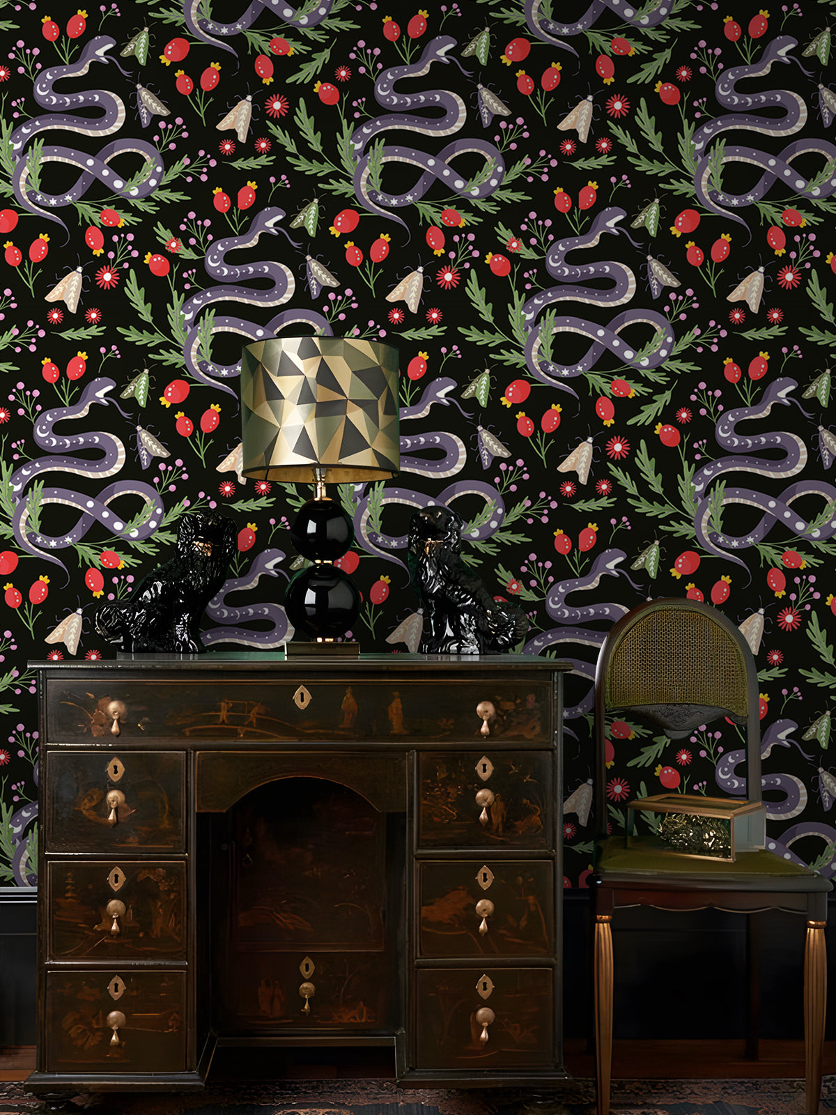 HaokHome Peel and Stick Wallpaper Dark Botanical Serpent Pattern Wall Mural with Red Berries and Moths Removable Self Adhesive Vinyl Wallpaper for Living Room Bedroom Accent Wall Decor