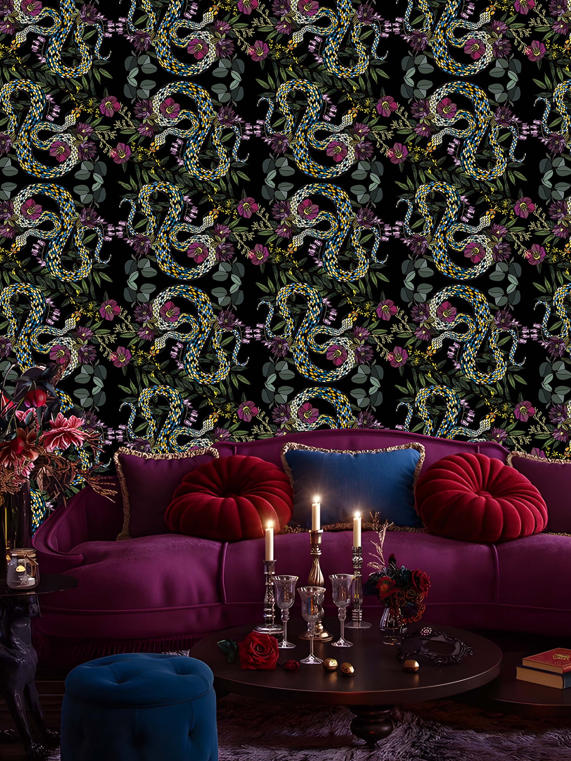 HaokHome Peel and Stick Wallpaper – Dark Botanical Snake and Floral Pattern Removable Self Adhesive Wallpaper for Accent Wall or Bedroom Decor