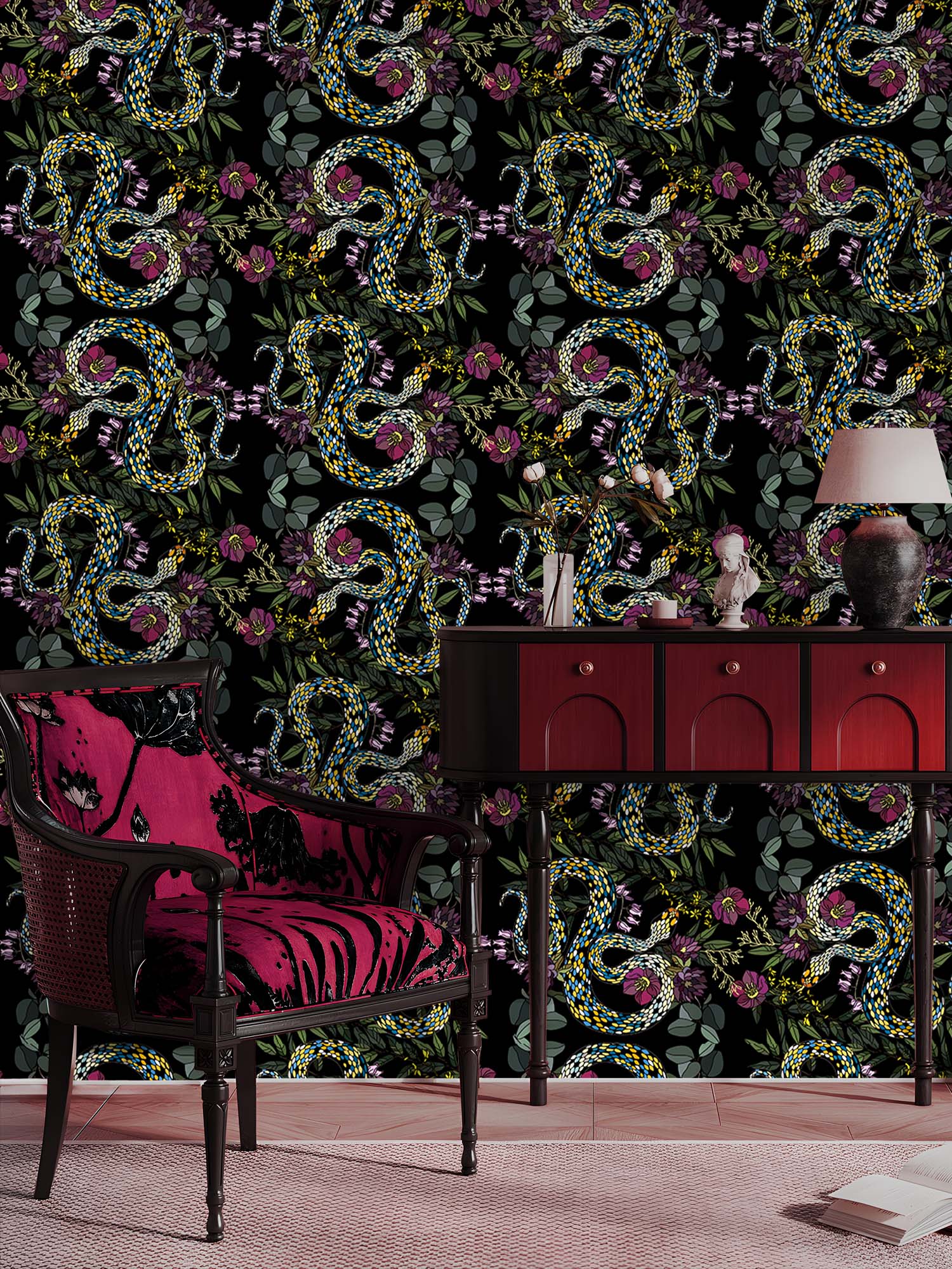 HaokHome Peel and Stick Wallpaper – Dark Botanical Snake and Floral Pattern Removable Self Adhesive Wallpaper for Accent Wall or Bedroom Decor