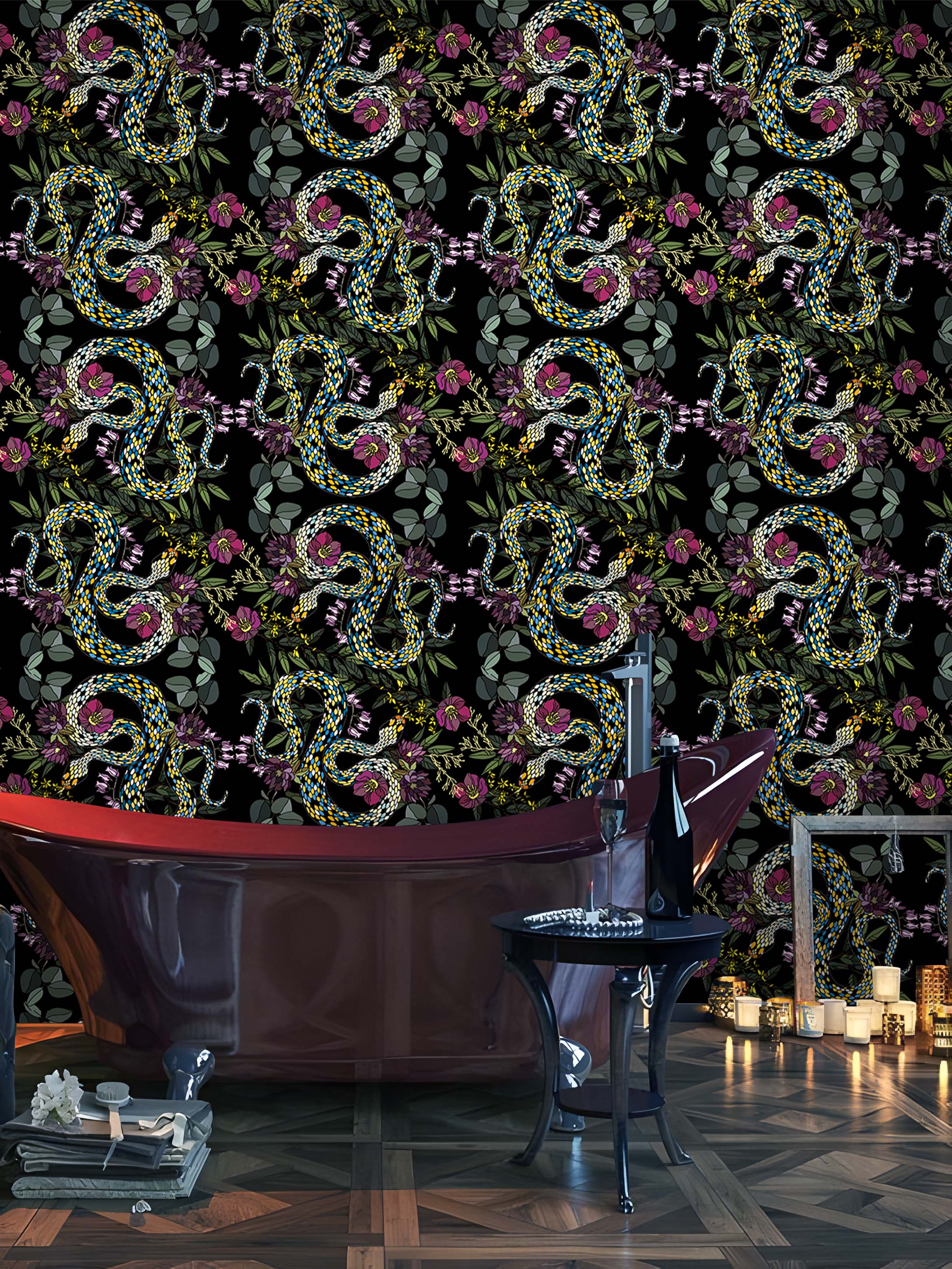 HaokHome Peel and Stick Wallpaper – Dark Botanical Snake and Floral Pattern Removable Self Adhesive Wallpaper for Accent Wall or Bedroom Decor