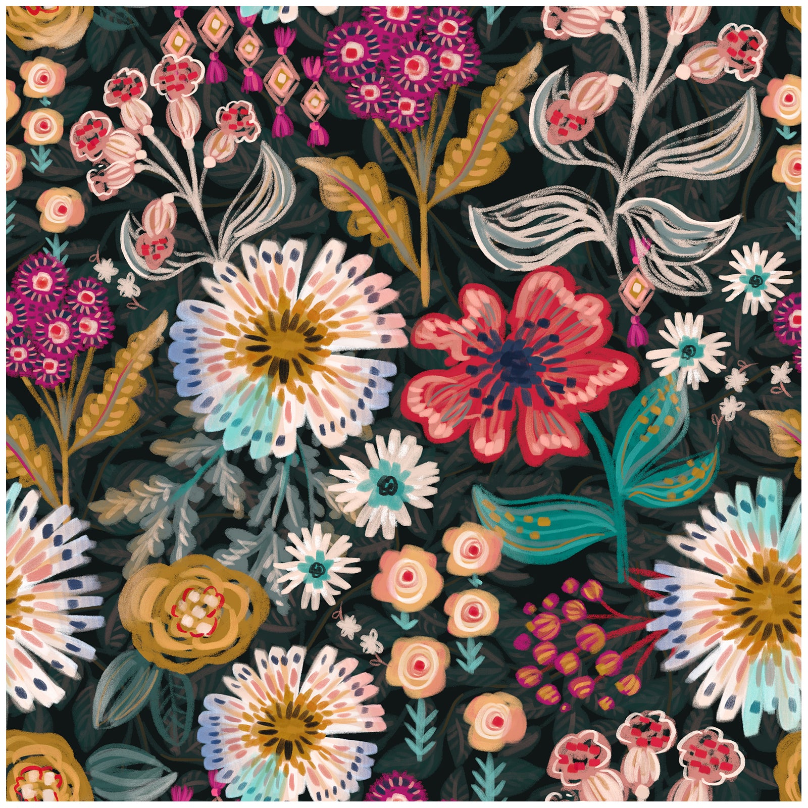 HaokHome Peel and Stick Wallpaper – Dark Moody Folk Wildflower Hand‑Drawn Botanical Removable Wallpaper for Accent Wall