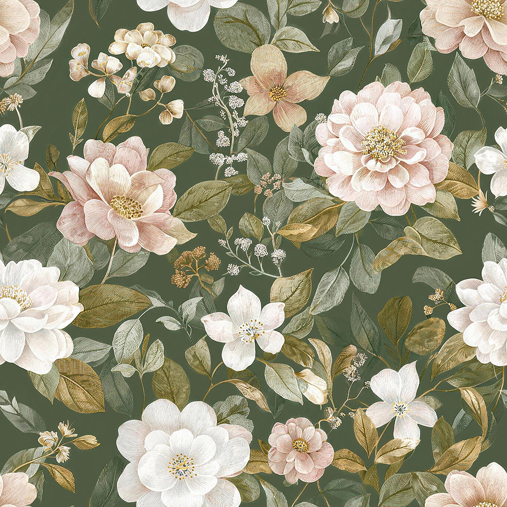 HaokHome Peel and Stick Wallpaper Dark Sage Green Blush Peony Floral Wall Mural Removable Self Adhesive Vintage Botanical Wallpaper