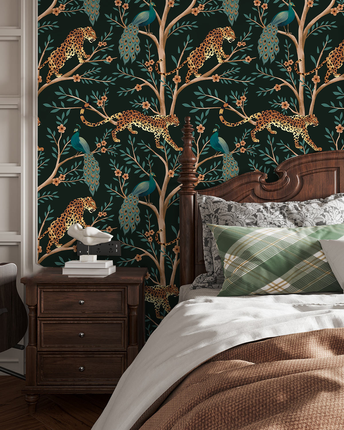HaokHome Peel and Stick Wallpaper Floral Boho Brown Green Peach Retro Tiger Peacock Tree Wall Mural Removable Bathroom Bedroom Living Room Decor