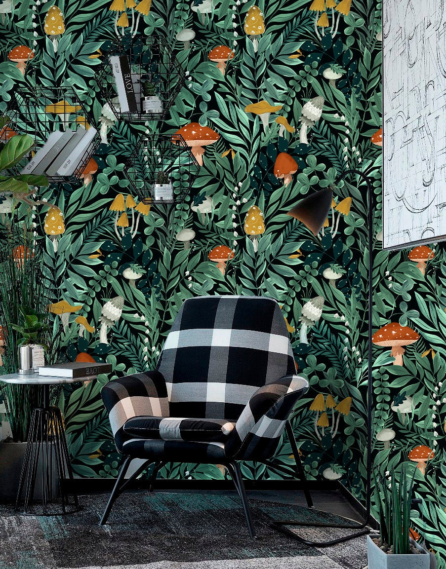 HaokHome Peel and Stick Wallpaper Forest Mushroom Botanical Pattern Wall Mural Dark Green Nature Foliage Removable Vinyl Self Adhesive Wallpaper