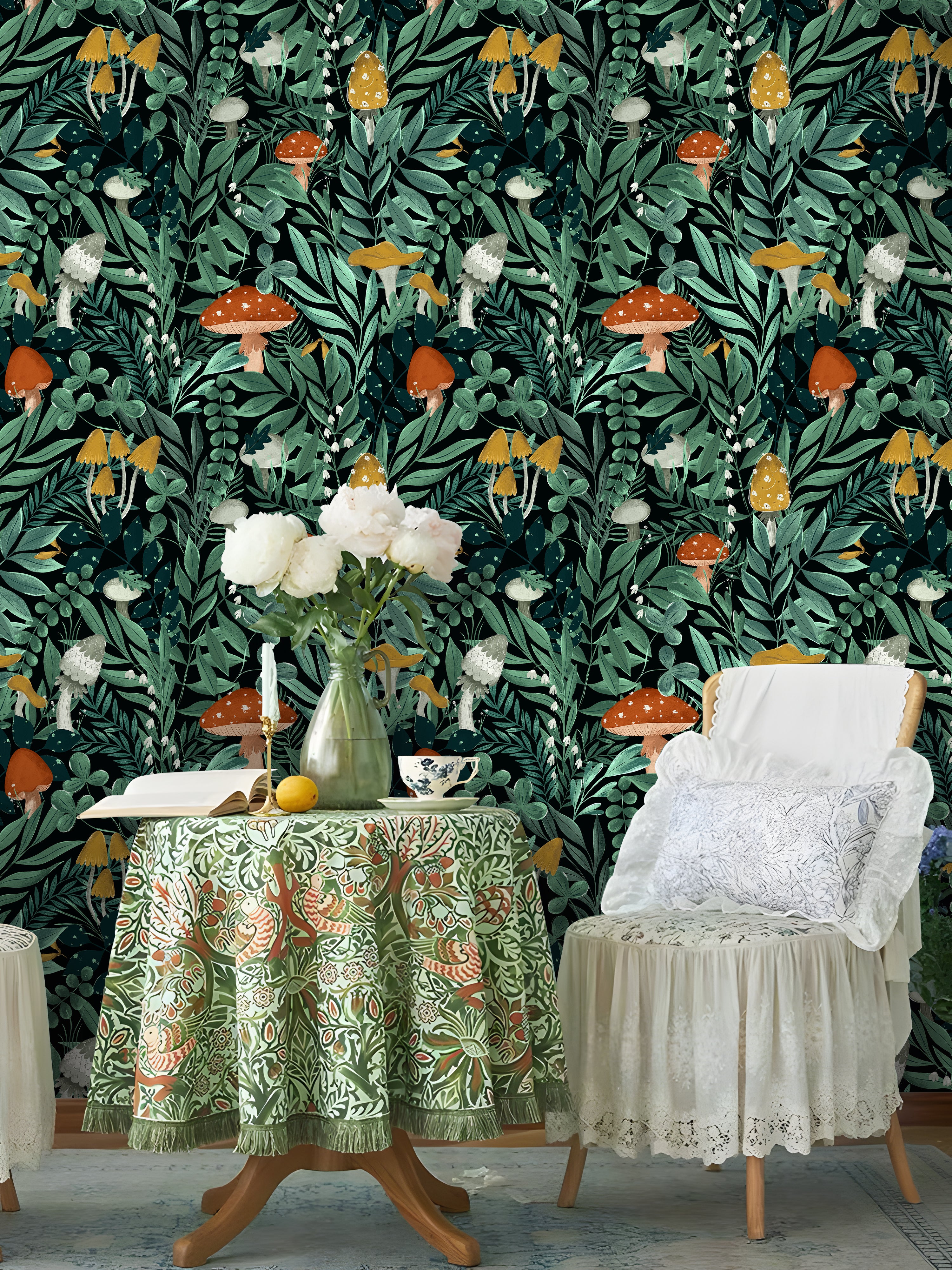 HaokHome Peel and Stick Wallpaper Forest Mushroom Botanical Pattern Wall Mural Dark Green Nature Foliage Removable Vinyl Self Adhesive Wallpaper
