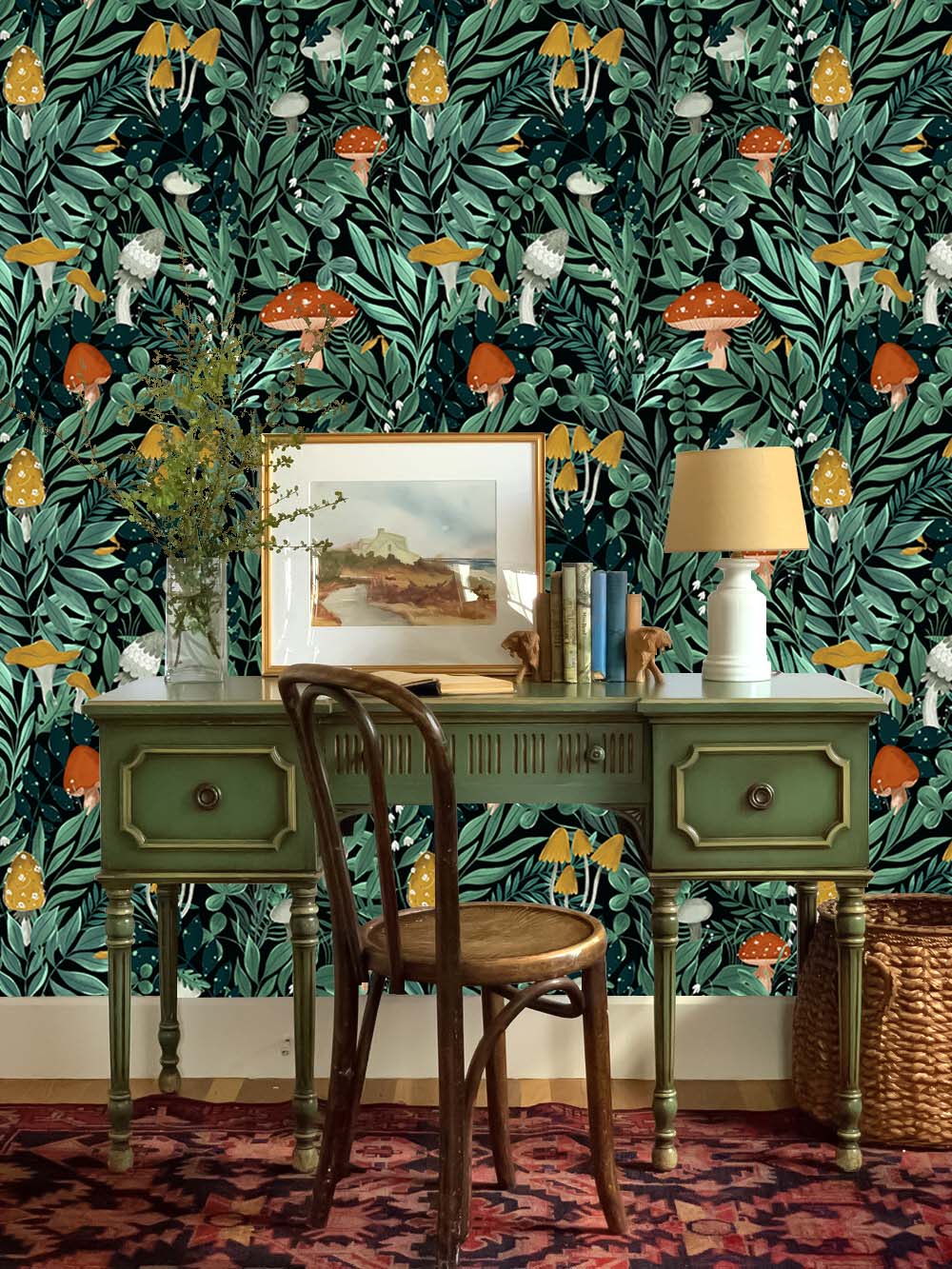 HaokHome Peel and Stick Wallpaper Forest Mushroom Botanical Pattern Wall Mural Dark Green Nature Foliage Removable Vinyl Self Adhesive Wallpaper