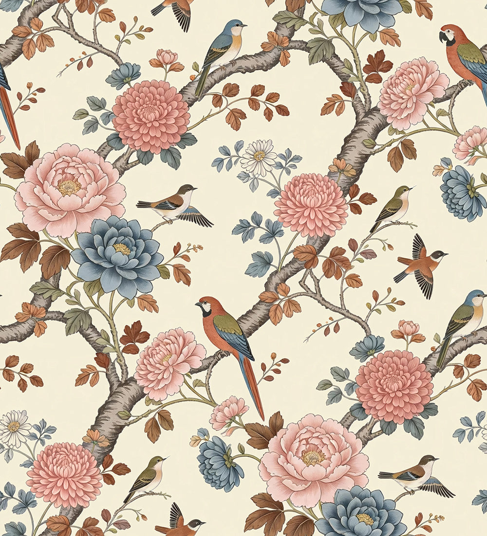 HaokHome Peel and Stick Wallpaper French Chinoiserie Peony and Bird Floral Muted Tone Elegant Garden Style Removable Self Adhesive Wallpaper for Bedroom & Entryway