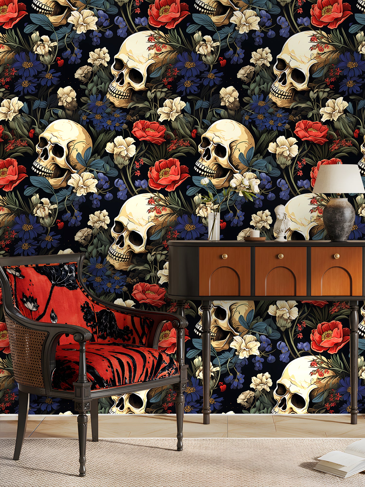 HaokHome Peel and Stick Wallpaper Gothic Floral Skull Wall Mural Removable Self Adhesive Dark Vintage Wallpaper for Bedroom Living Room Decor
