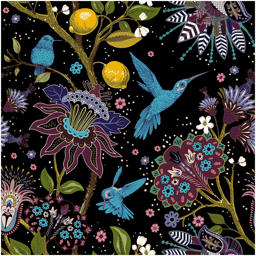 HaokHome Peel and Stick Wallpaper Hummingbird and Floral Pattern Black Tropical Wall Mural Removable Vinyl Self Adhesive Wallpaper for Living Room Bedroom Home Decor