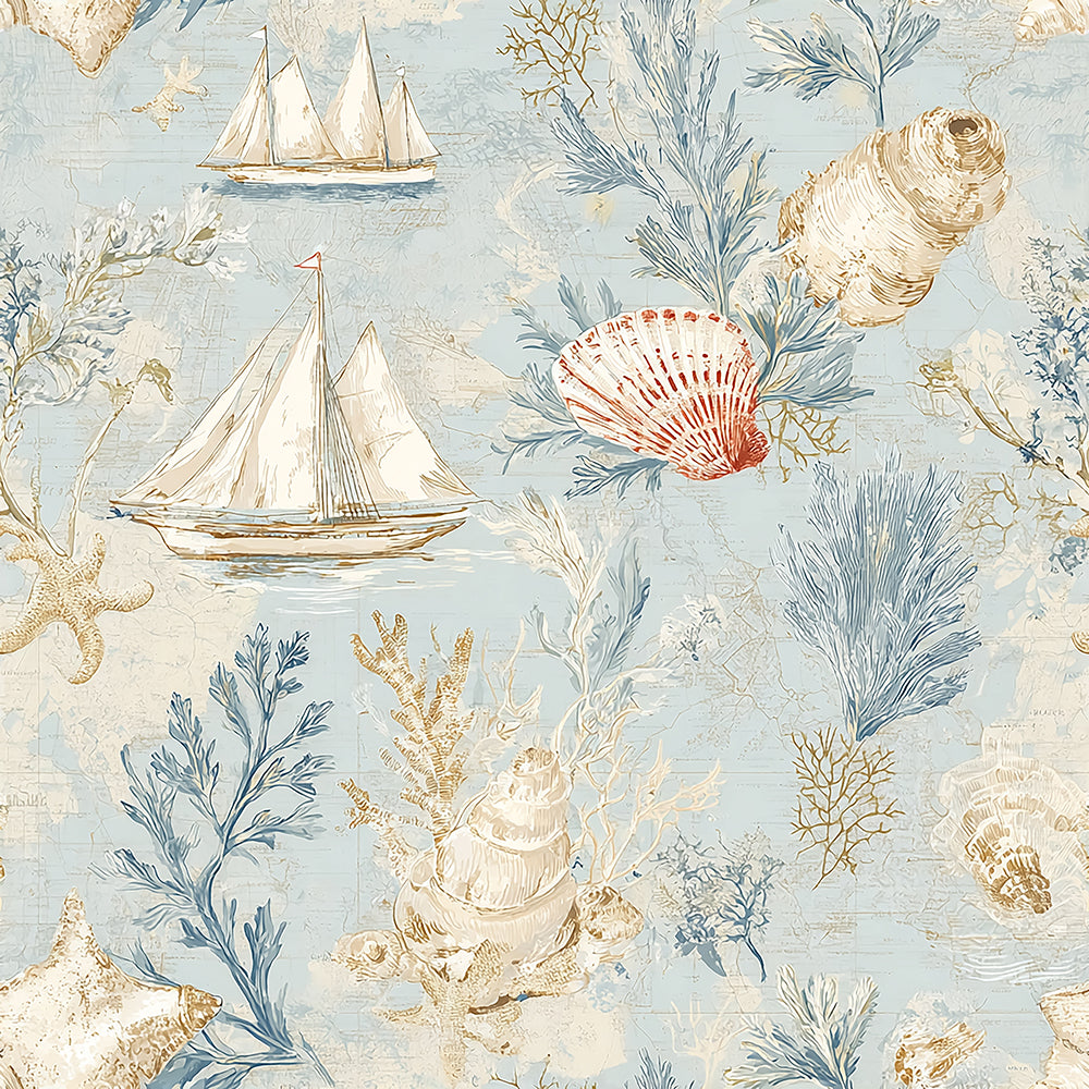 HaokHome Peel and Stick Wallpaper Light Blue Vintage Nautical Seashell Sailboat Wall Mural Removable Self Adhesive Coastal Beach Wallpaper
