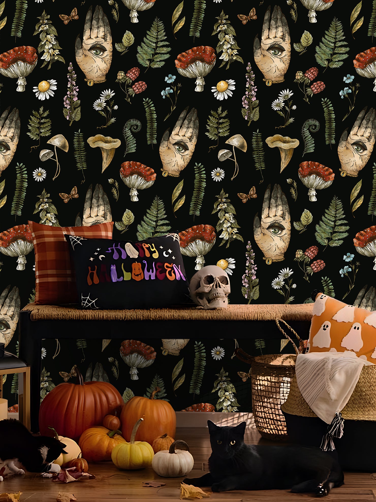 HaokHome Peel and Stick Wallpaper Mystic Vintage Hand Eye Botanical Mushroom Wall Mural Removable Self Adhesive Black Wallpaper for Home Decor