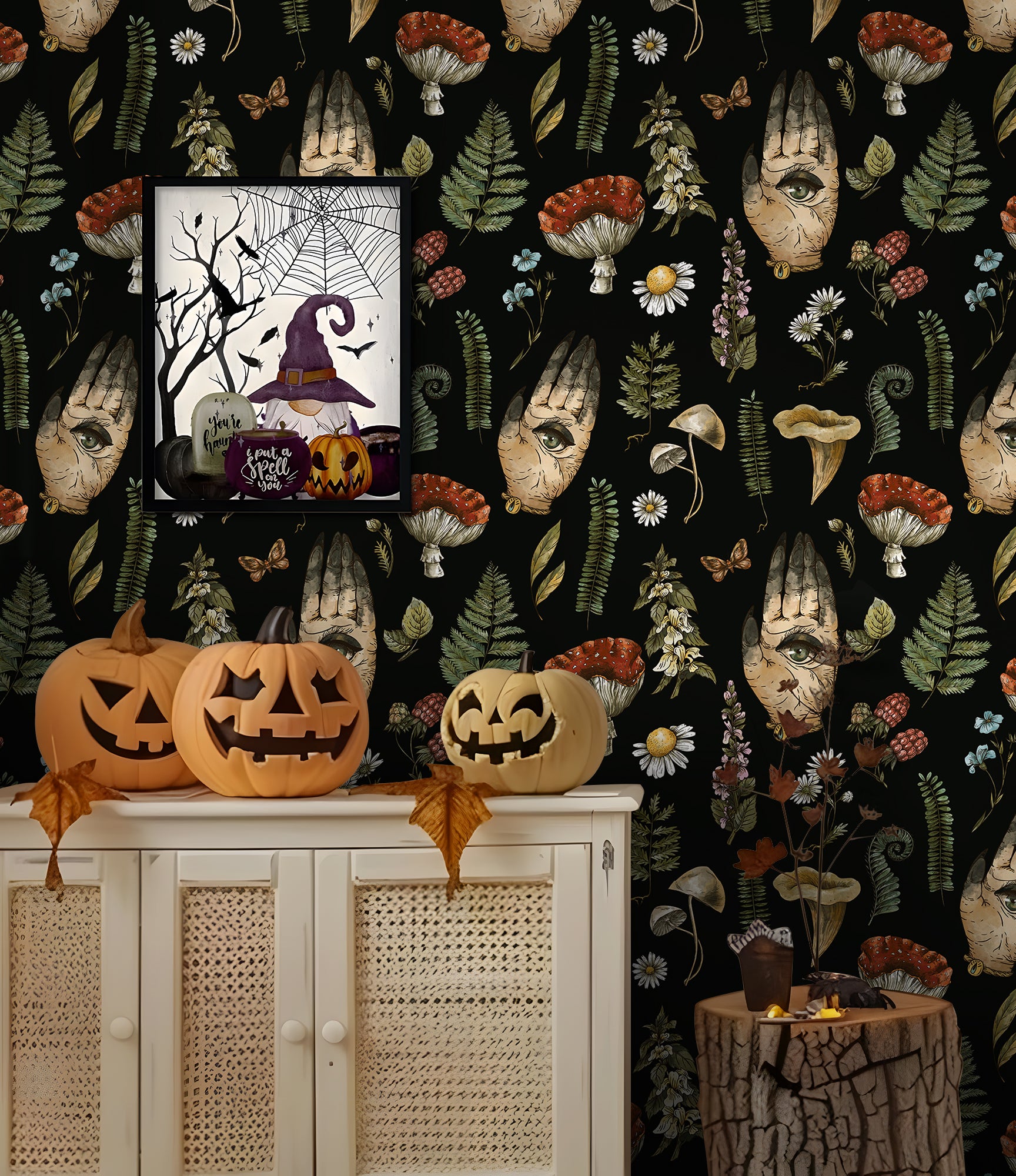 HaokHome Peel and Stick Wallpaper Mystic Vintage Hand Eye Botanical Mushroom Wall Mural Removable Self Adhesive Black Wallpaper for Home Decor