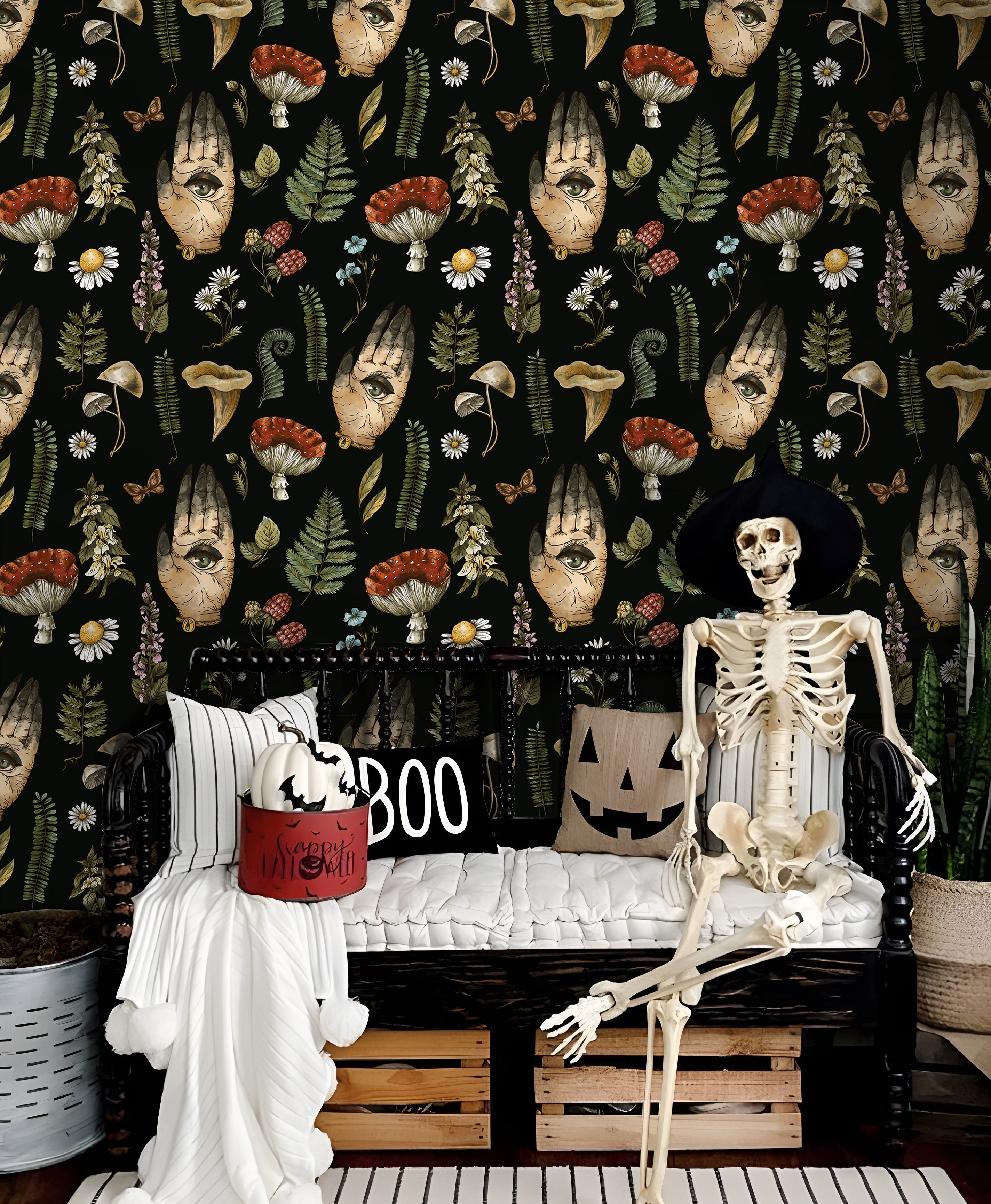 HaokHome Peel and Stick Wallpaper Mystic Vintage Hand Eye Botanical Mushroom Wall Mural Removable Self Adhesive Black Wallpaper for Home Decor