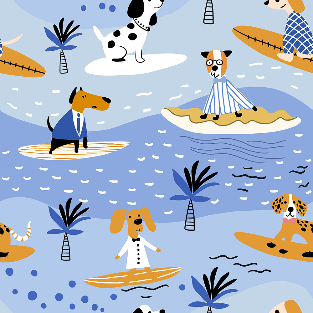 HaokHome Peel and Stick Wallpaper Surfing Dogs Blue Beach Kids Room Wall Mural Removable Self Adhesive Coastal Nursery Wallpaper
