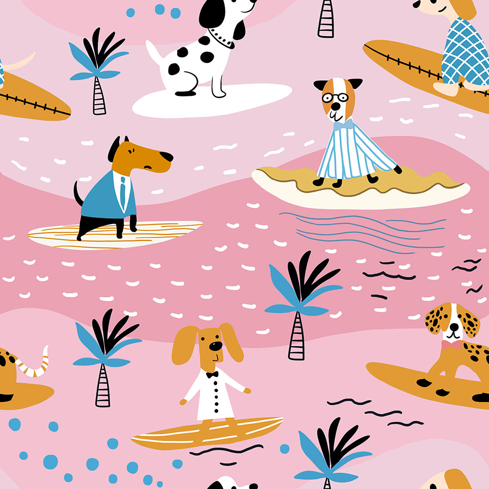 HaokHome Peel and Stick Wallpaper Surfing Dogs Pink Beach Kids Room Wall Mural Removable Self Adhesive Coastal Girls Nursery Wallpaper