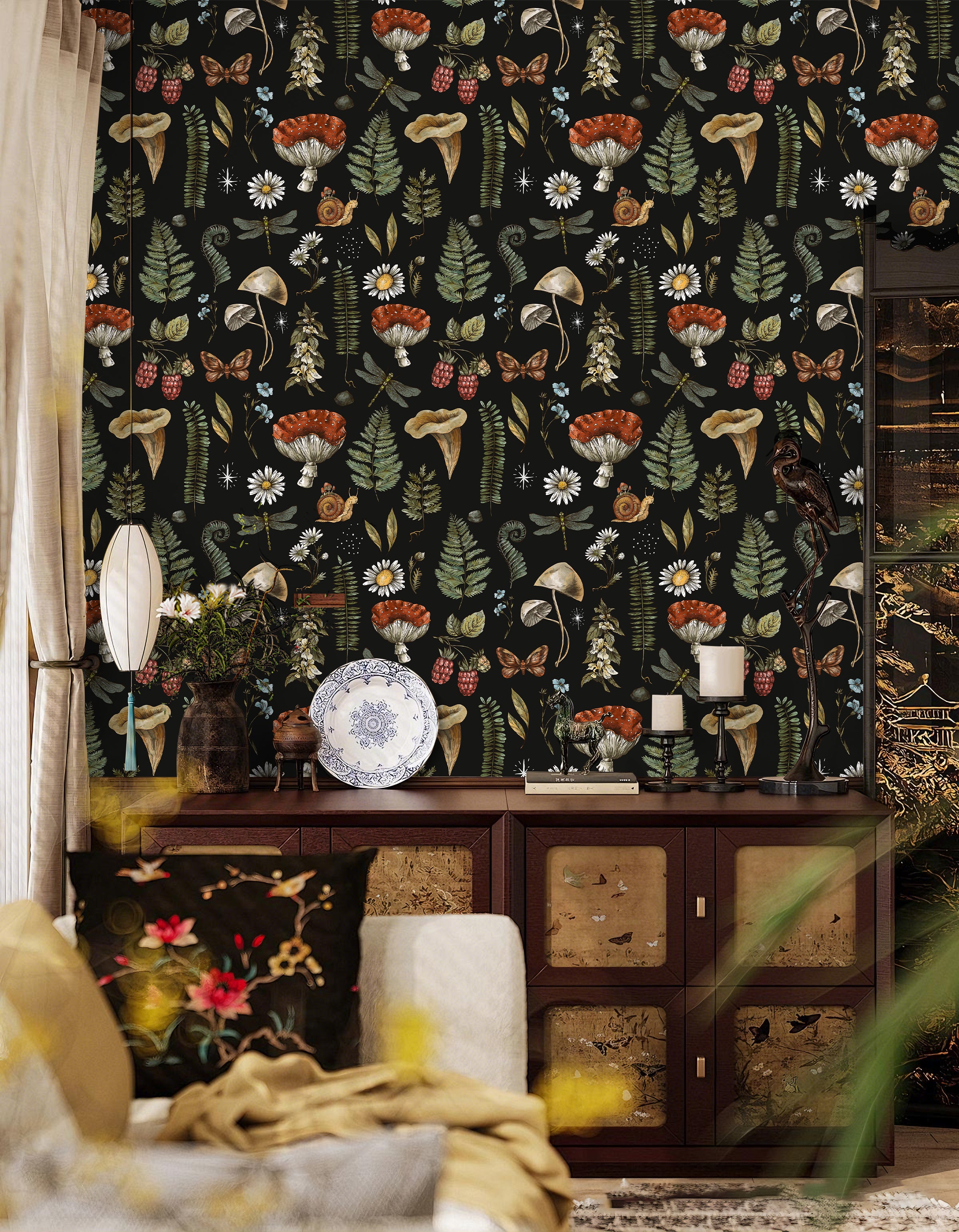 HaokHome Peel and Stick Wallpaper Vintage Botanical Mushroom Fern Floral Wall Mural Removable Self Adhesive Black Cottagecore Wallpaper for Autumn Home Decor