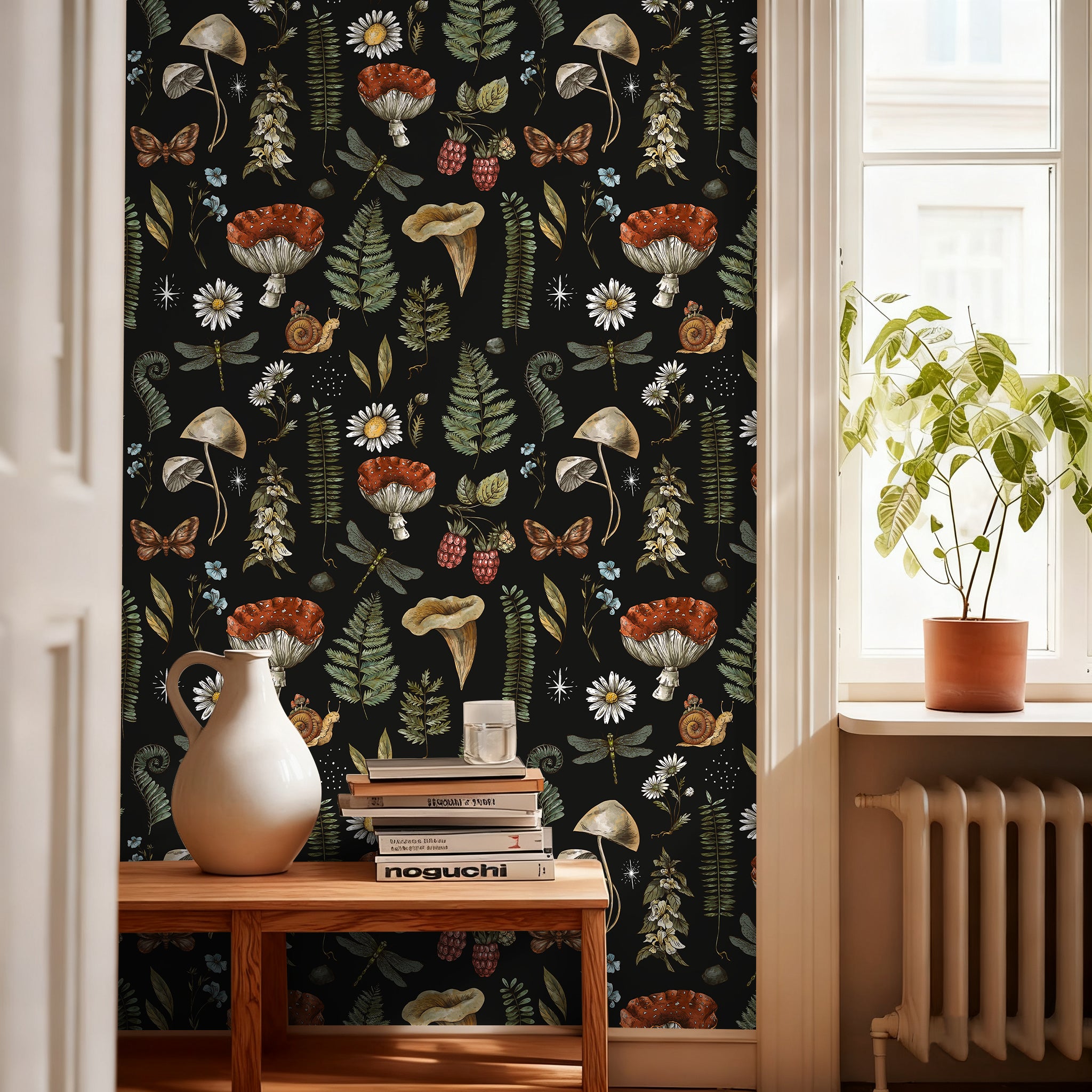 HaokHome Peel and Stick Wallpaper Vintage Botanical Mushroom Fern Floral Wall Mural Removable Self Adhesive Black Cottagecore Wallpaper for Autumn Home Decor