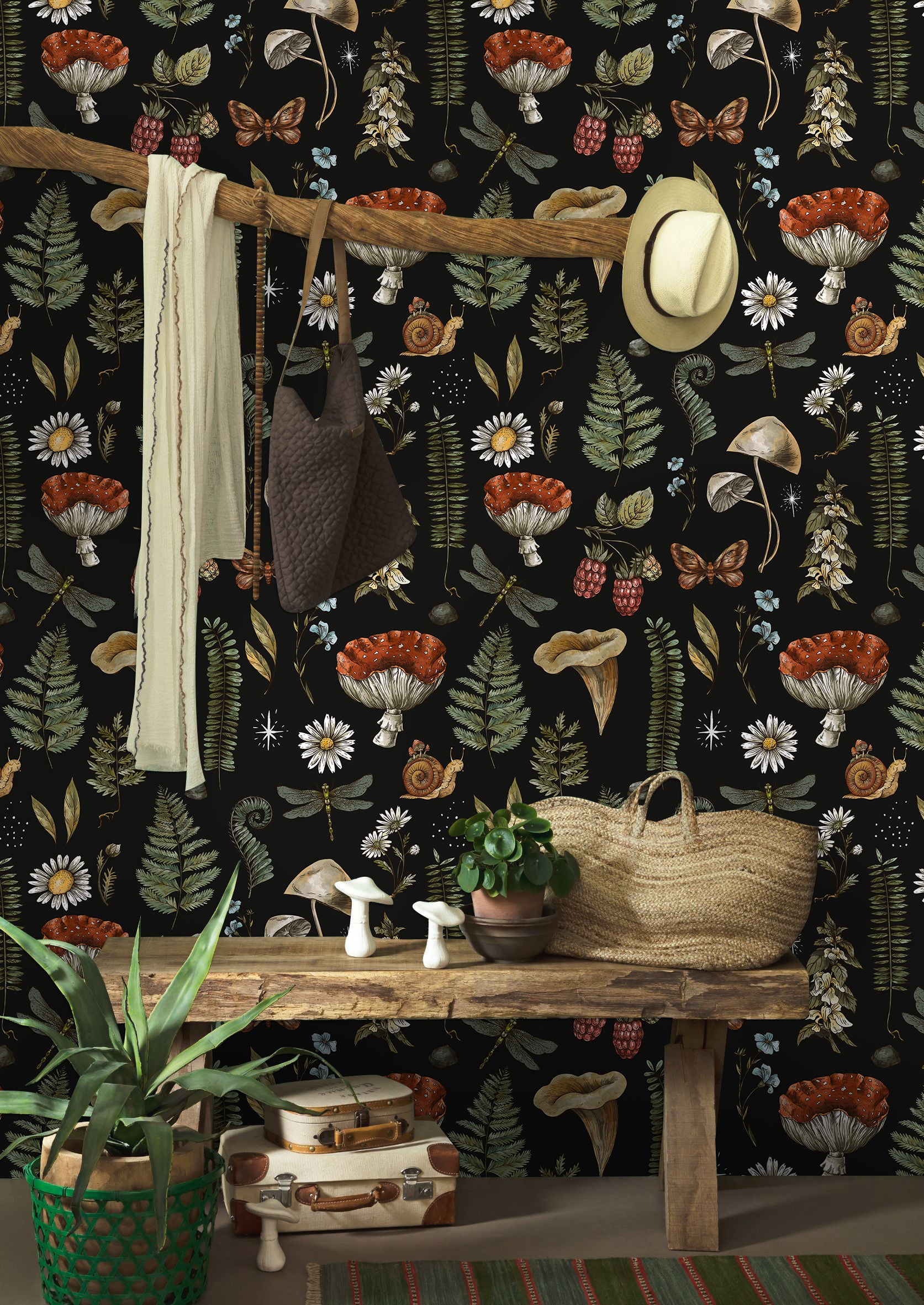 HaokHome Peel and Stick Wallpaper Vintage Botanical Mushroom Fern Floral Wall Mural Removable Self Adhesive Black Cottagecore Wallpaper for Autumn Home Decor