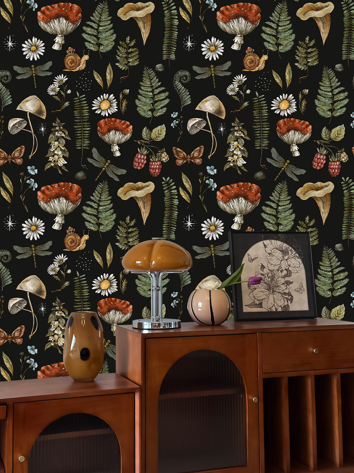 HaokHome Peel and Stick Wallpaper Vintage Botanical Mushroom Fern Floral Wall Mural Removable Self Adhesive Black Cottagecore Wallpaper for Autumn Home Decor