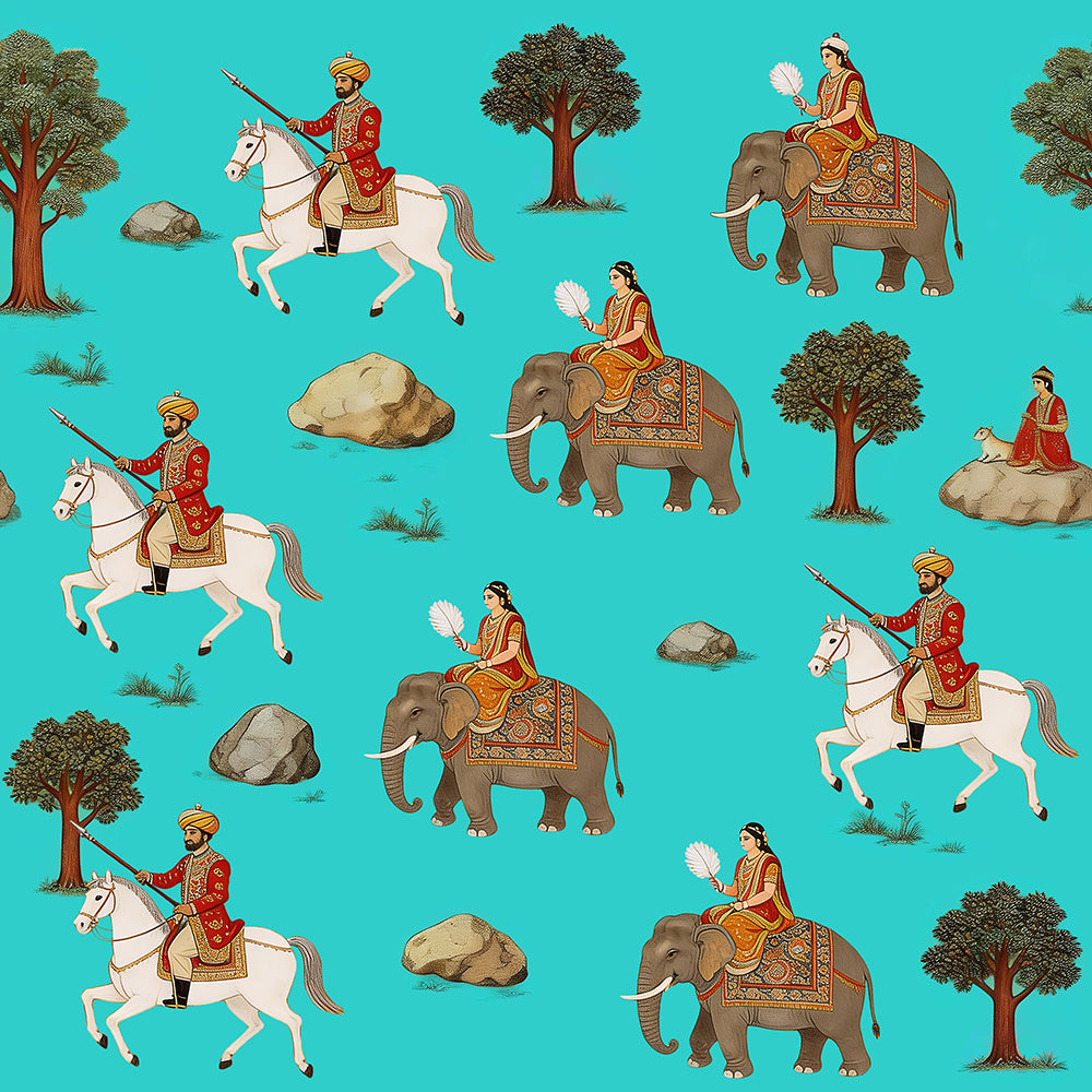 HaokHome Peel and Stick Wallpaper Vintage Indian Mughal Court Style with Horse and Elephant Figures Exotic Ethnic Botanical Removable Self Adhesive Wallpaper for Living Room & Bedroom
