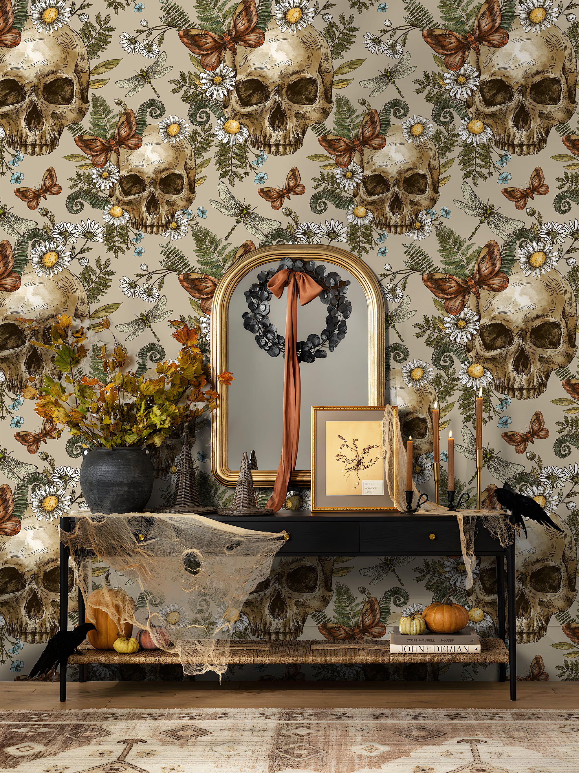 HaokHome Peel and Stick Wallpaper – Vintage Skull and Botanical Floral Gothic Dark Aesthetic Removable Wallpaper