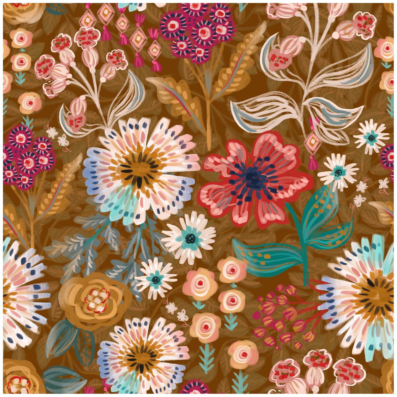 HaokHome Peel and Stick Wallpaper Warm Brown Folk Wildflower Hand‑Painted Botanical Removable Wallpaper for Accent Wall