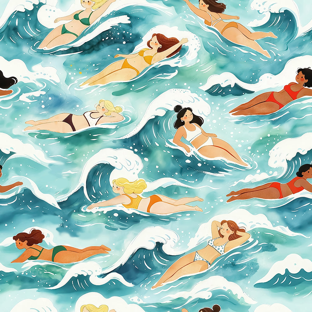 HaokHome Peel and Stick Wallpaper Watercolor Swimming Ladies Ocean Wave Wall Mural Removable Self Adhesive Summer Beach Wallpaper