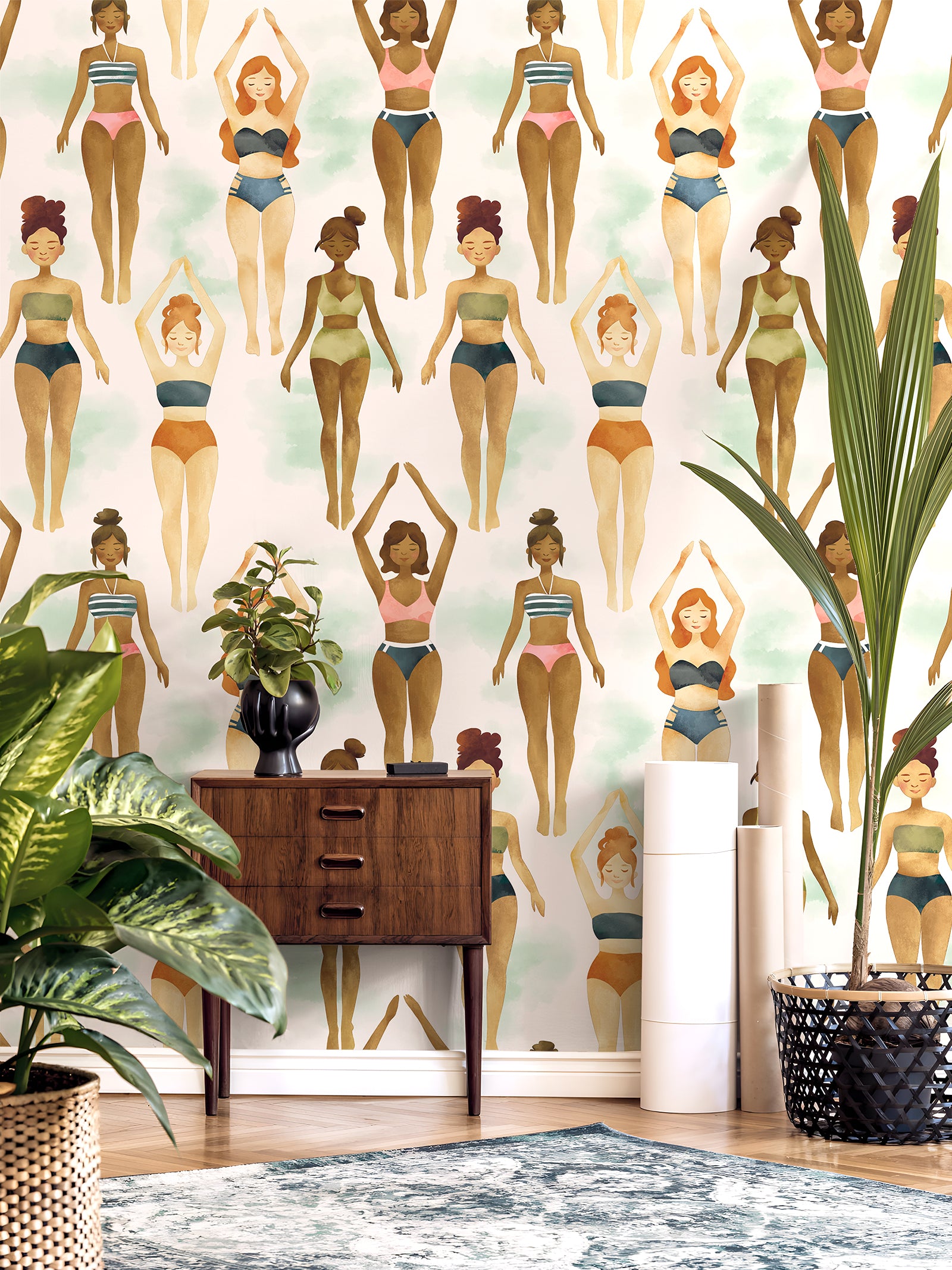 HaokHome Peel and Stick Wallpaper Women in Swimsuits Art Wall Mural Watercolor Body Positivity Removable Self Adhesive Decor for Bedroom Studio Salon